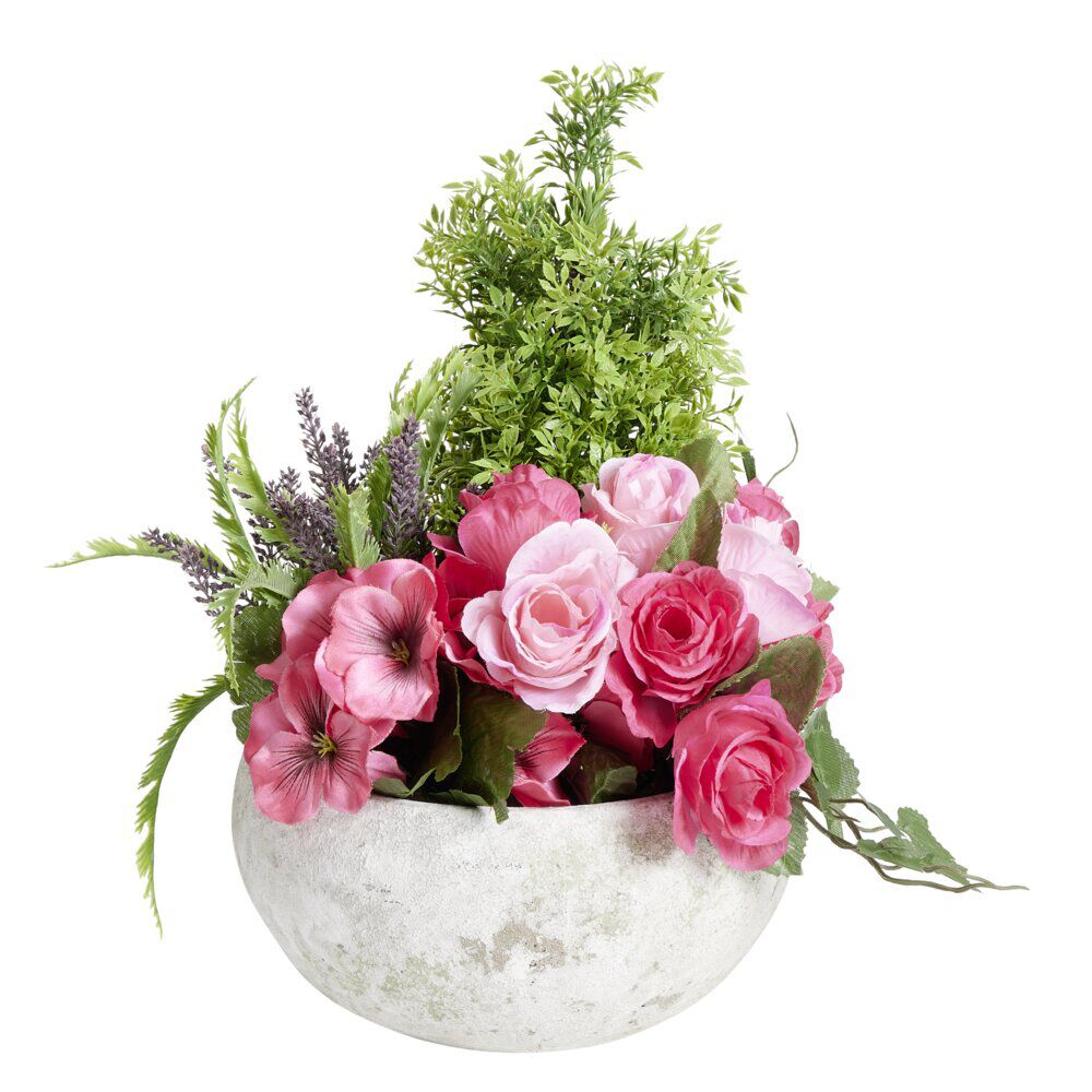 Vasque fleurs artificielles buis/boutons de roses/lys/pensées/bruyère Ø35xH36cm