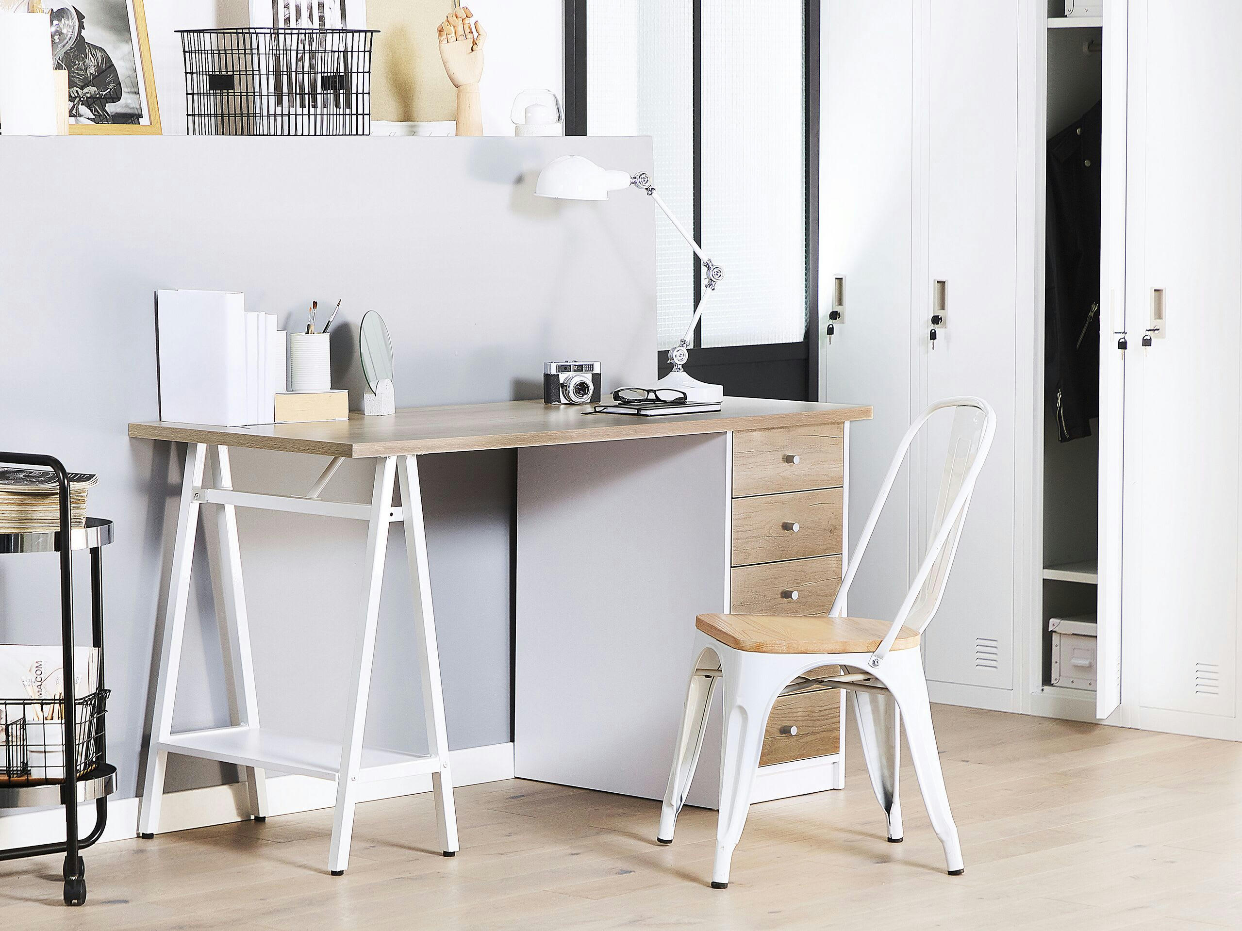 HEBER - Bureau effet bois clair et blanc avec 5 tiroirs