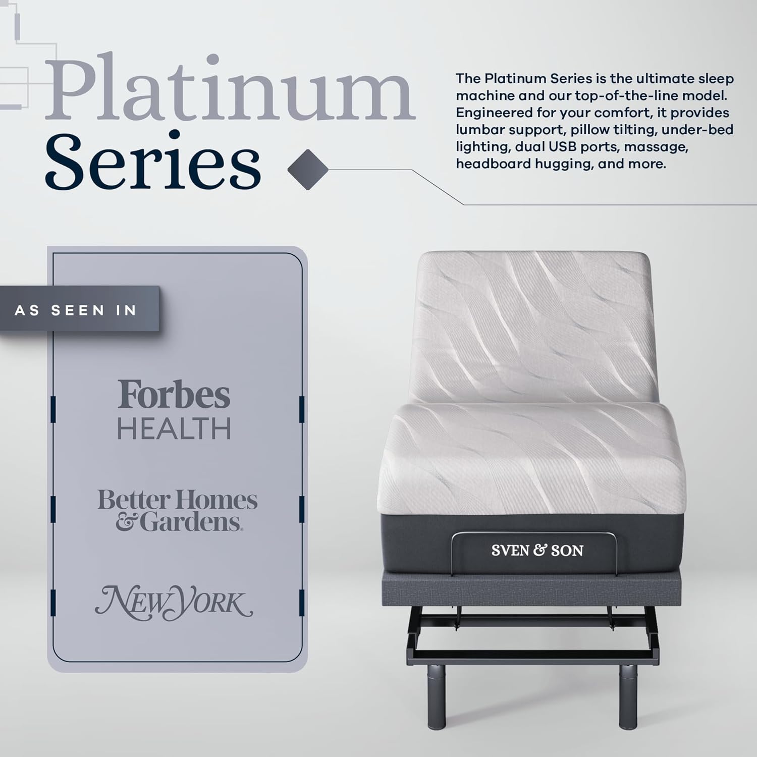 Sven & Son Platinum Adjustable Bed Base Frame + 12 inch Memory Foam Matt (Medium), Lumbar Support, Head-Pillow-Tilt, Massage, Under-Bed Lights, USB - Twin XL