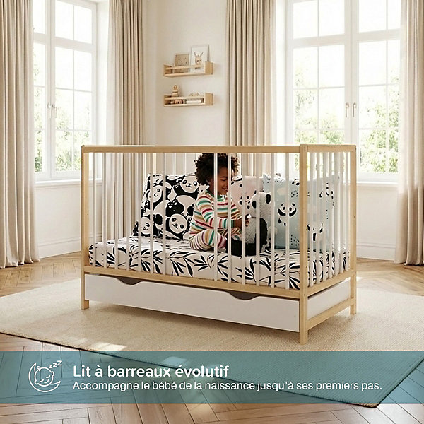 Lit bébé évolutif avec tiroir Mathis 60x120 cm (matelas non inclus) Bois naturel et blanc