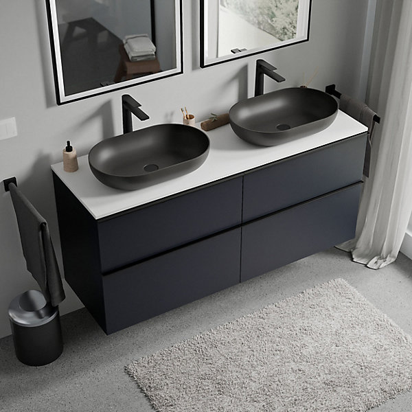 Meuble sous vasque suspendu MDF Bleu nuit mat, plan vasque Blanc mat, poignée Chrome - 120x46x62cm - LAVOA