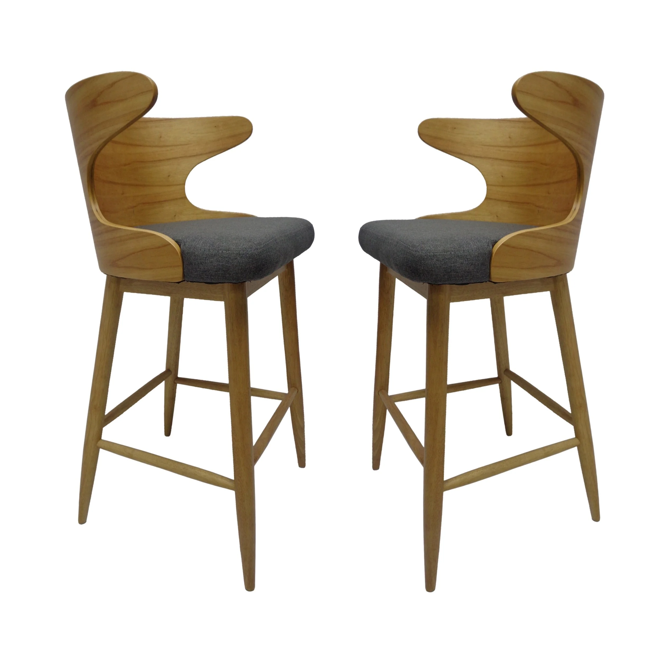 Mid-Century Modern Upholstered Barstools, Set of 2 - Solid Rubberwood Frame & Soft Polyester Fabric