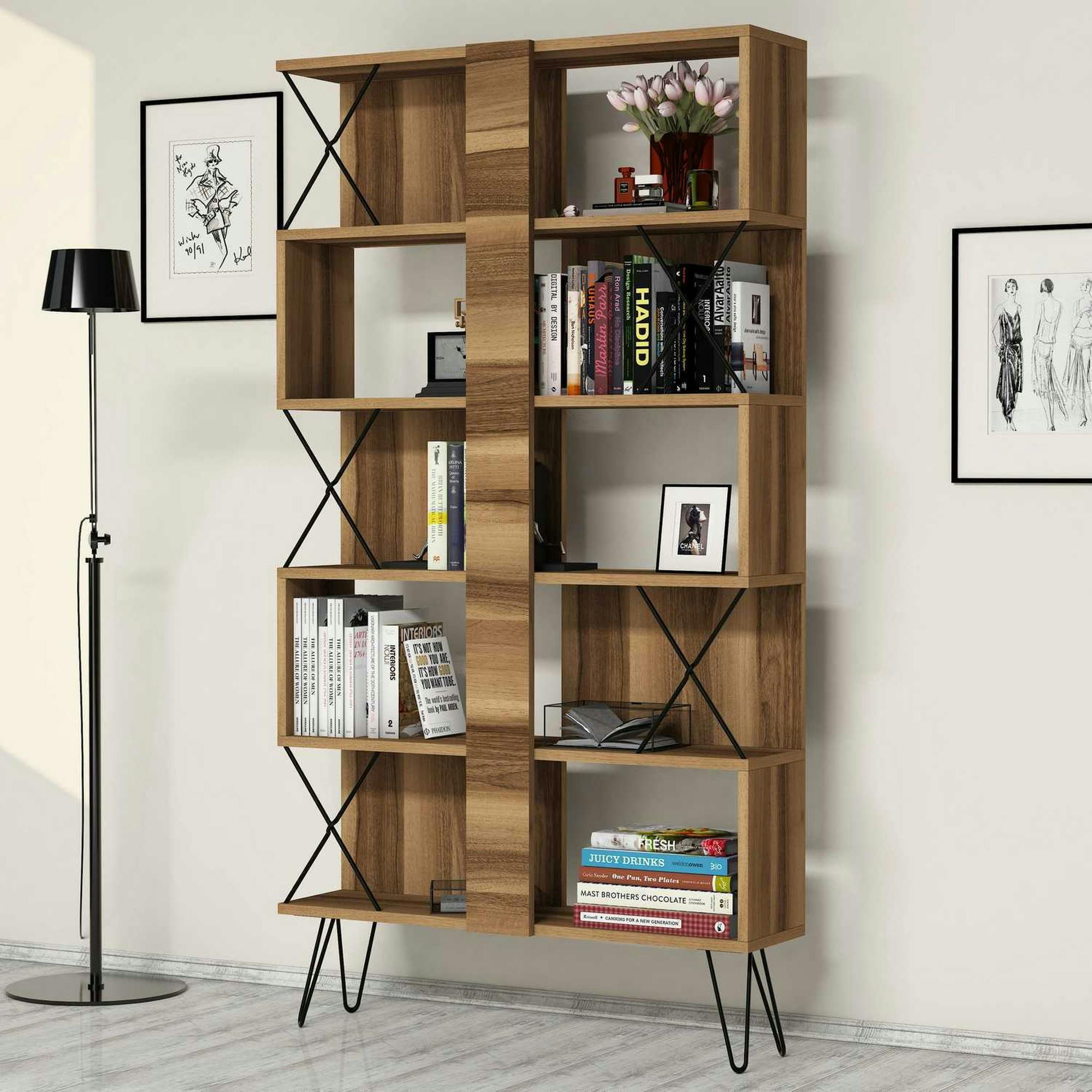 Bibliothèque moderne effet noyer à croisillons noirs JENA