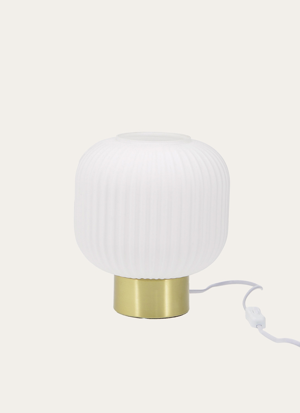 LAMPE à POSER GLOBE VERRE STRIÉ ET MÉTAL DORÉ DORE/BLANC