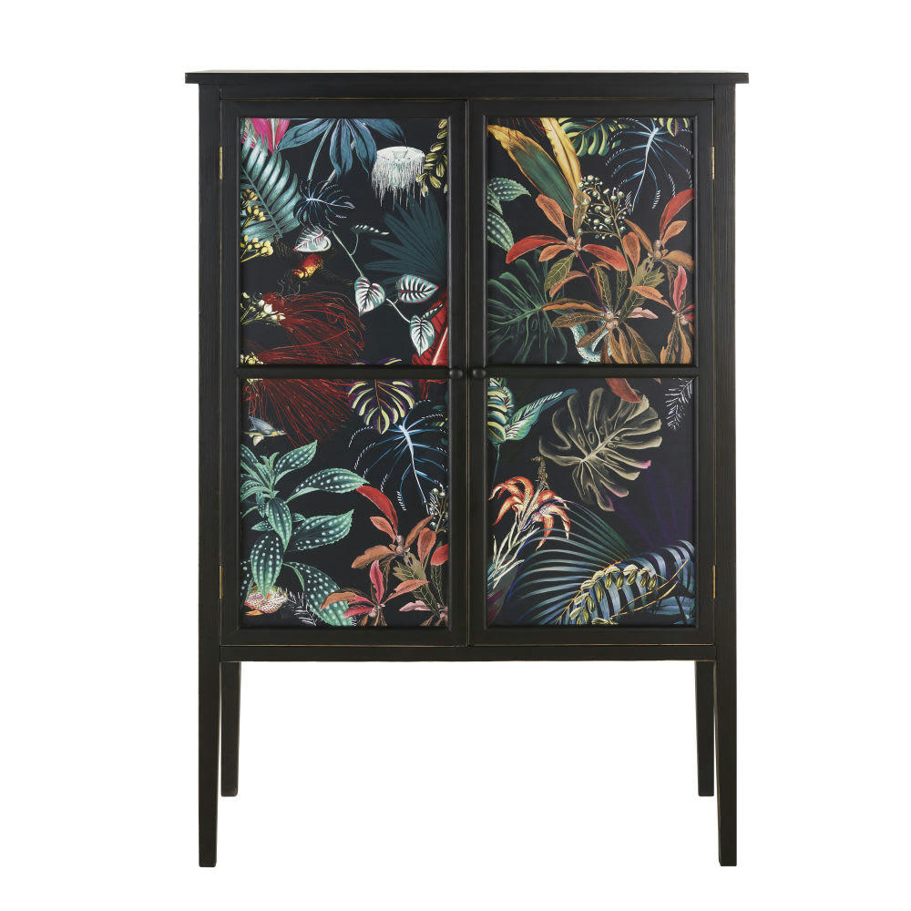 Guido - Meuble de rangement 2 portes en bois noir et motifs feuilles