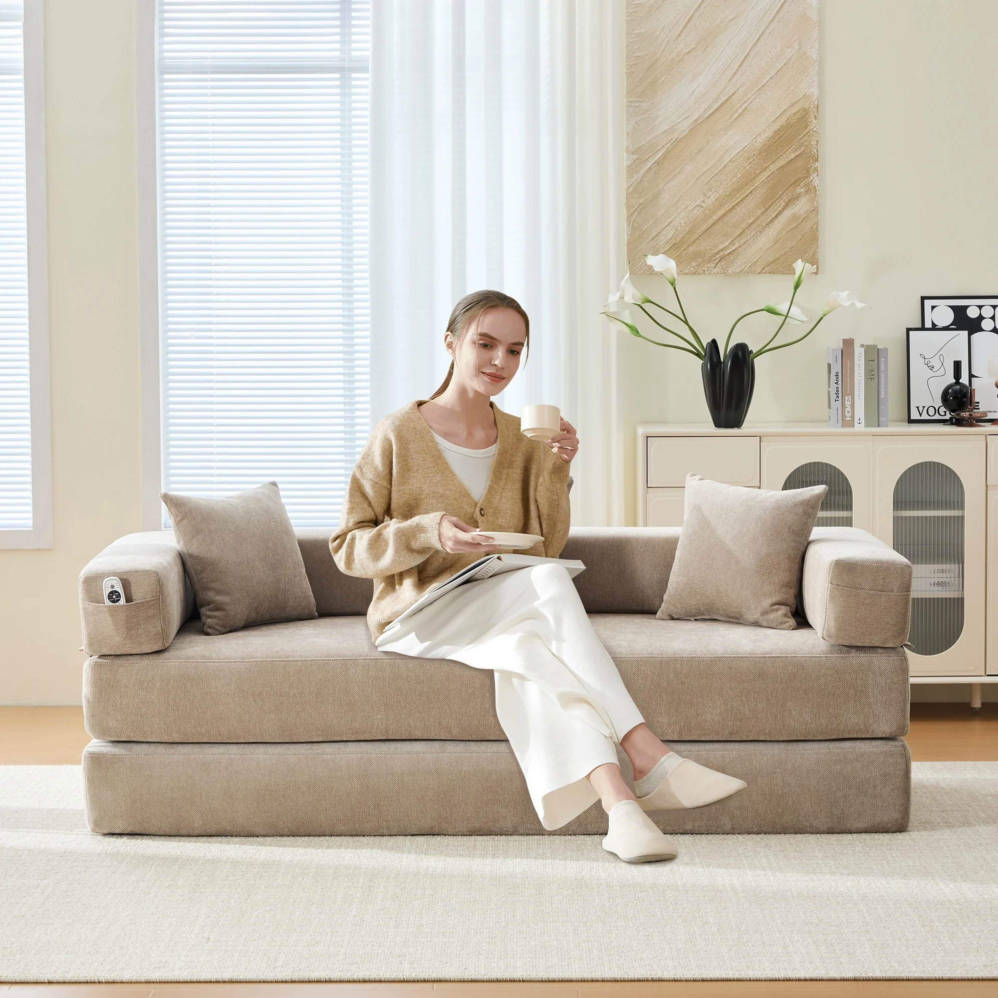 GALDWIN Chenille Upholstered Convertible Folding Sofa Bed with Pillows for Living Room