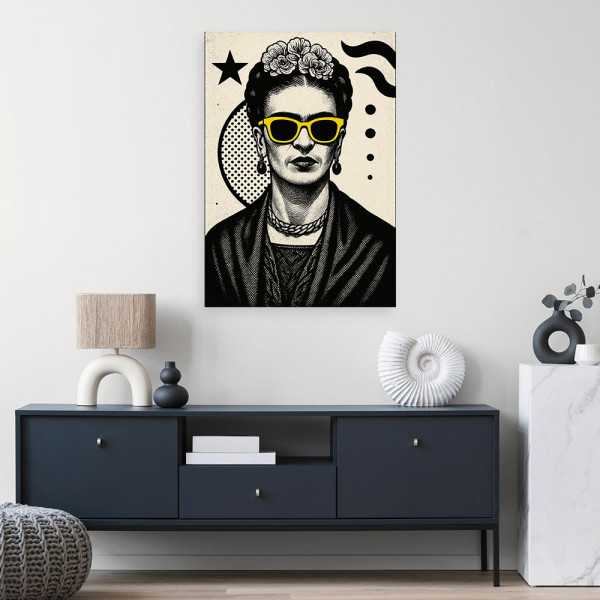 Obraz czarno biały, Frida Kahlo w okularach Pop Art 20x30