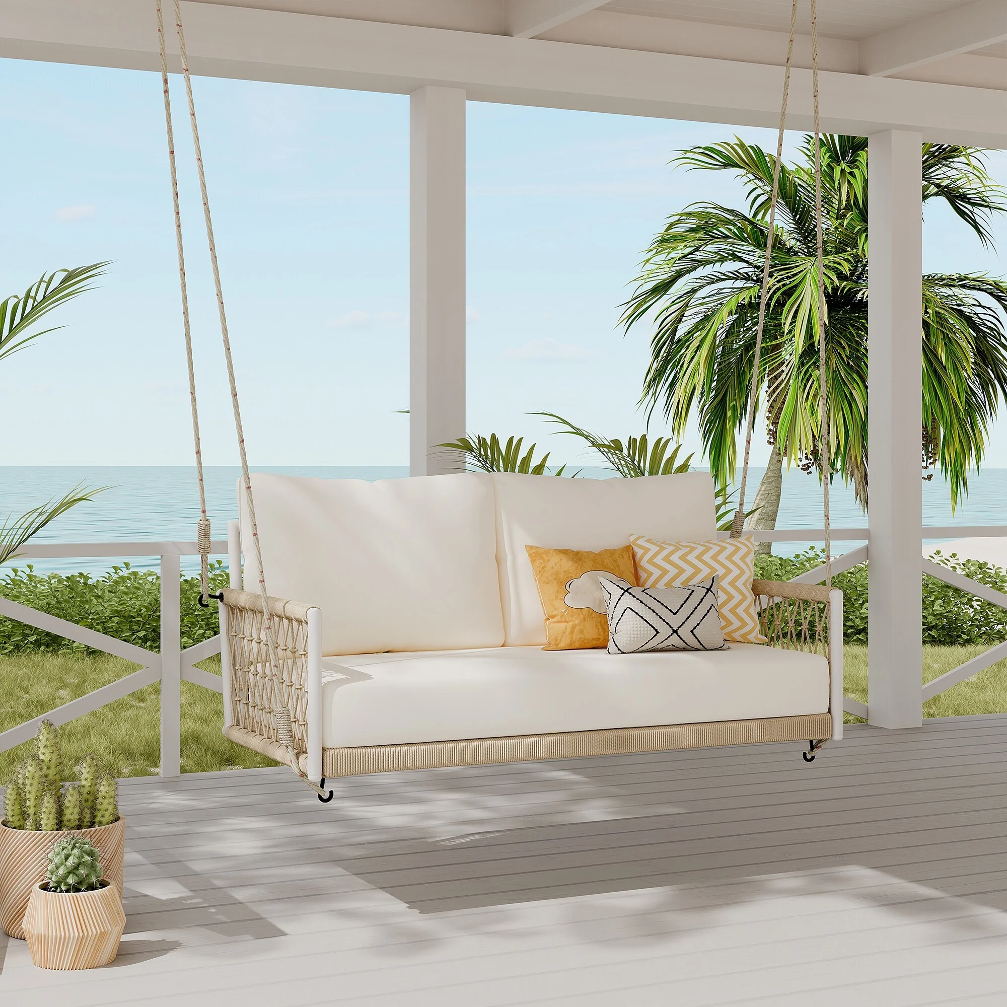 Double Swing Hanging Chairs Sofa with Cushion Outdoor Lounge Chair