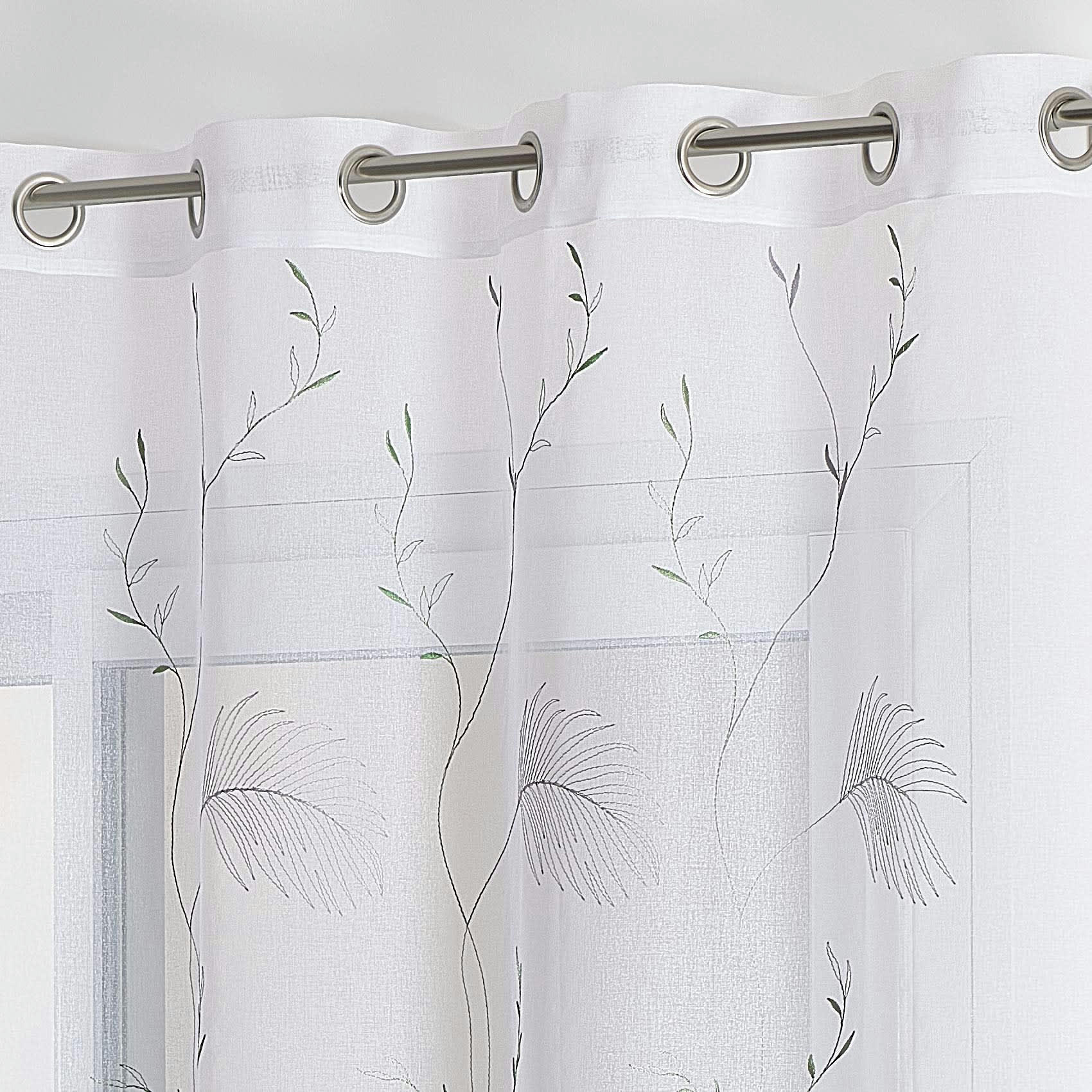 - Voilage nature en étamine brodée polyester vert tilleul 140x240 cm