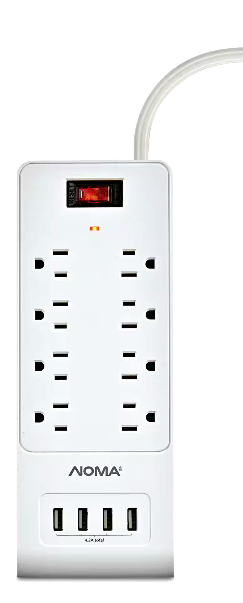 NOMA 8-Outlet and 4 USB Port Power Bar with Surge Protector, 3-ft Cord, 1200 Joules, White