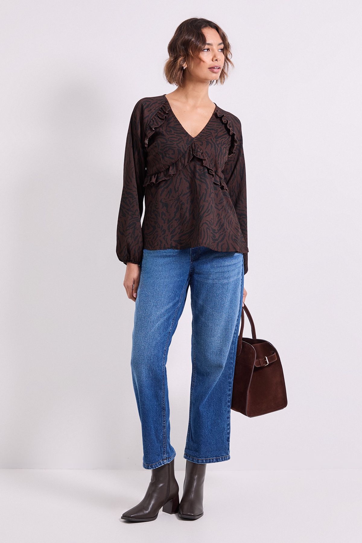Dorothy Perkins Brown Animal Empire Seam Frill Detail Printed Jersey Top