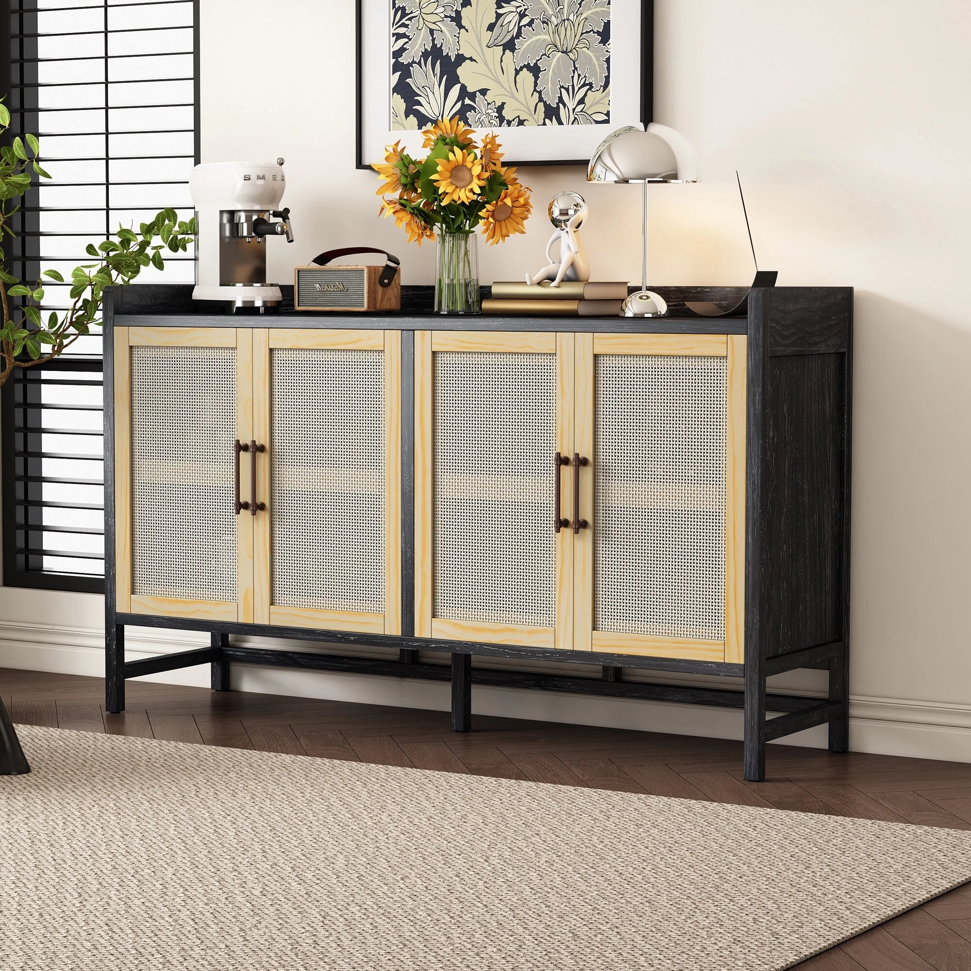 Rustic Decorative Rattan Doors Sideboard with Adjustable Shelves for Entryway