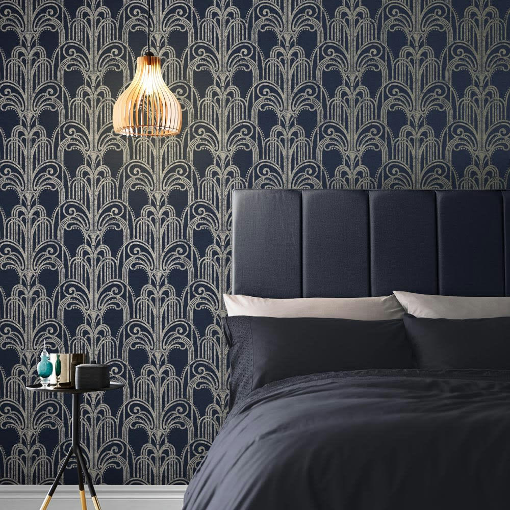 - papier peint art deco midnight bleu argent 1005x52cm