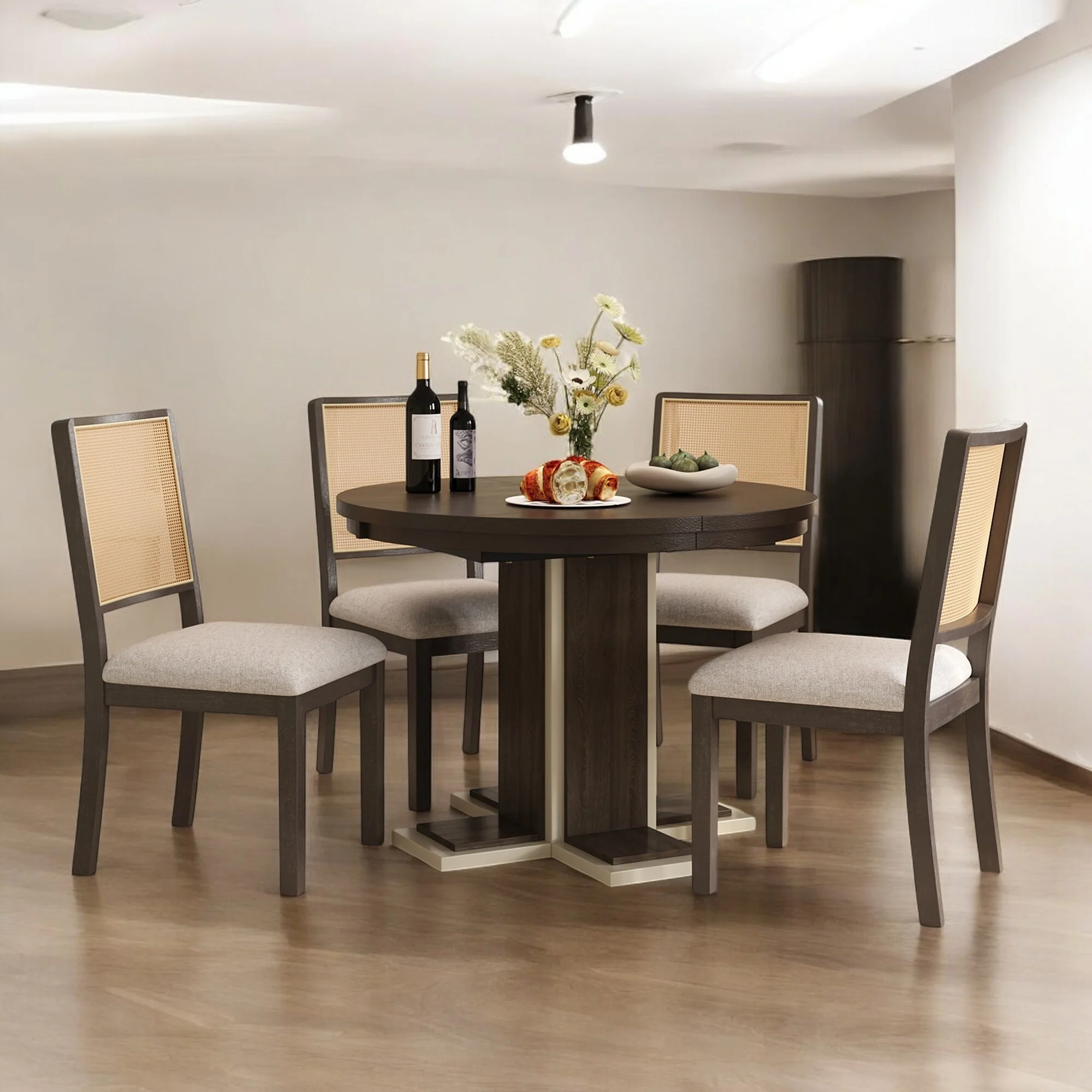 Round Extendable 5-Piece Dining Table Set for 4 with Removable 16 Leaf, Upholstered Chairs, for Kitchen & Dining Room