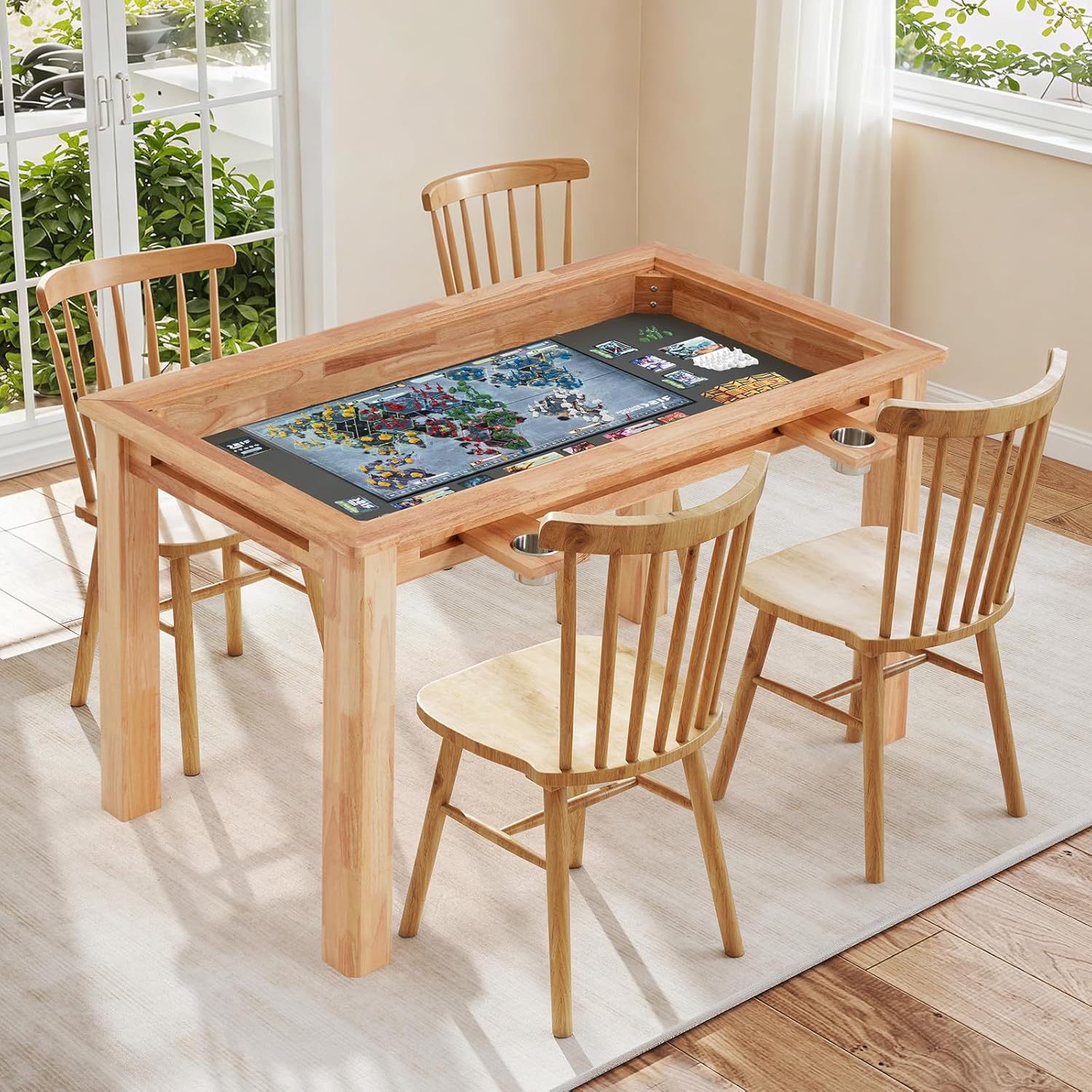 Oak Board Game Table with Removable Table Top, 52 x 29 Play Area, PU Leather Playmat & 4 Cup Holders, Seats 4-6 Players, Dual-Purpose for Gaming & Dining