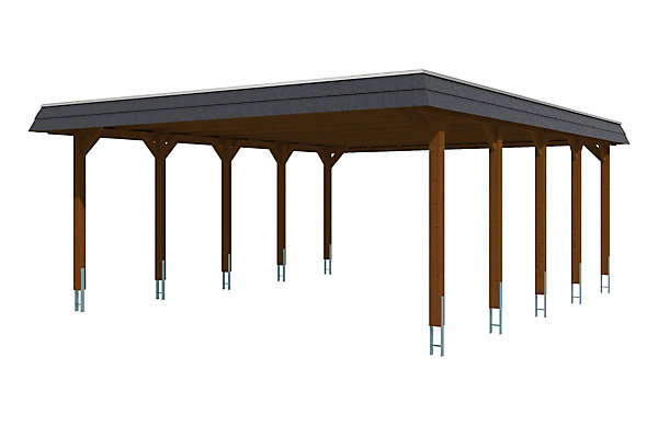 Carport SKAN HOLZ Spreewald 585x741cm, planches de toit et EPDM, bandeau noir, bois résineux imprégné, traitement coloré noyer