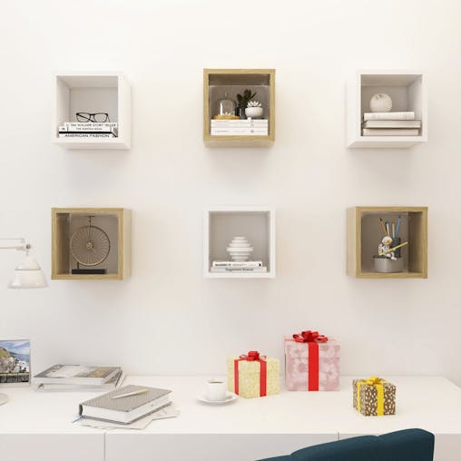 NNEVL Wall Cube Shelves 6 pcs White and Sonoma Oak 22x15x22 cm