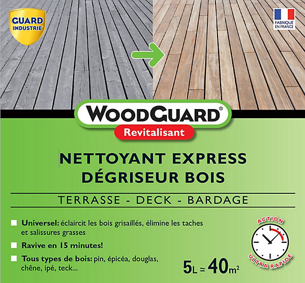 Dégriseur Nettoyant Bois WoodGuard Revitalisant Redonne Couleurs au Bois Efficace en 15 Minutes 5L 40m2