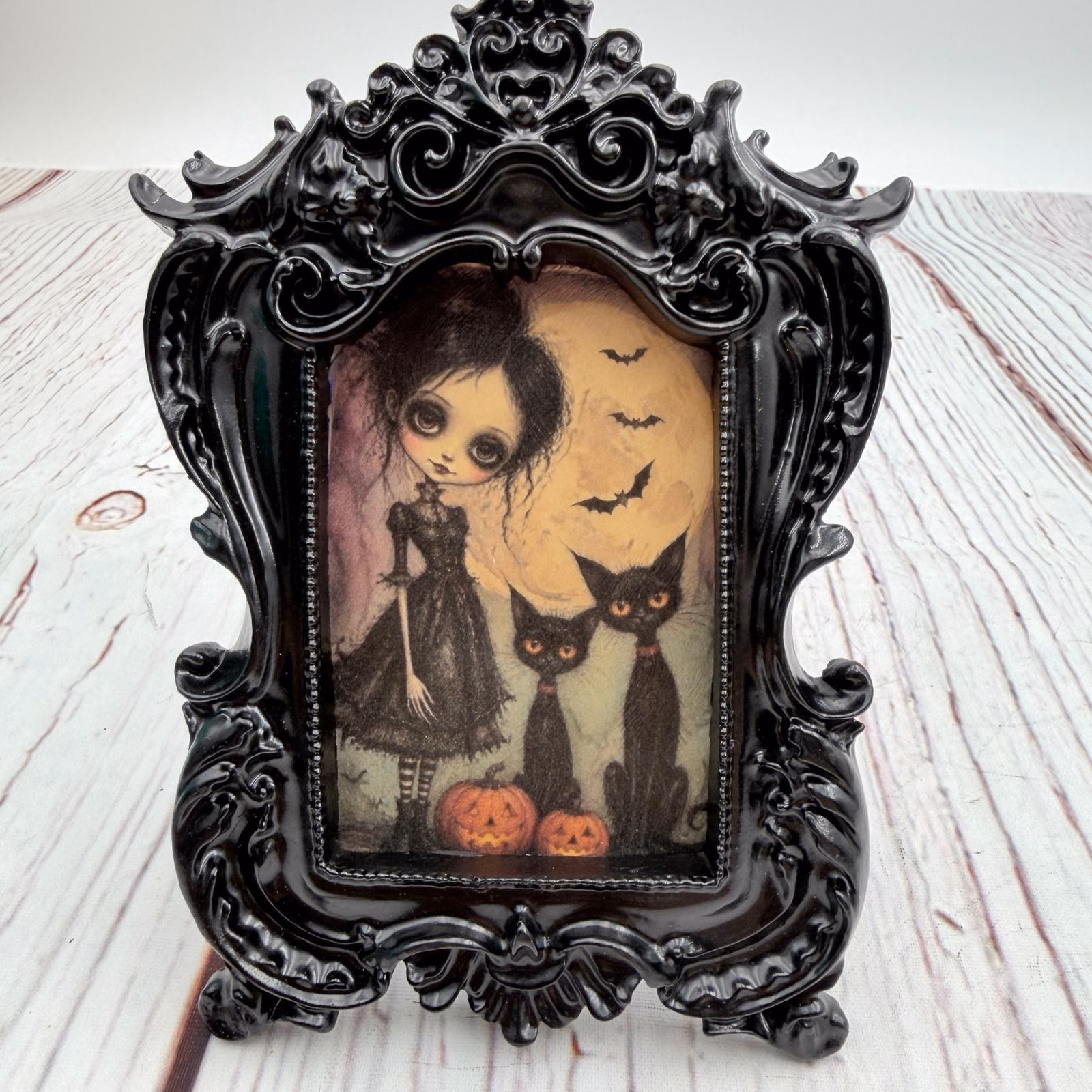 Gothic Girl Black Cat Art Print Ornate Black Resin Frame Halloween Decor
