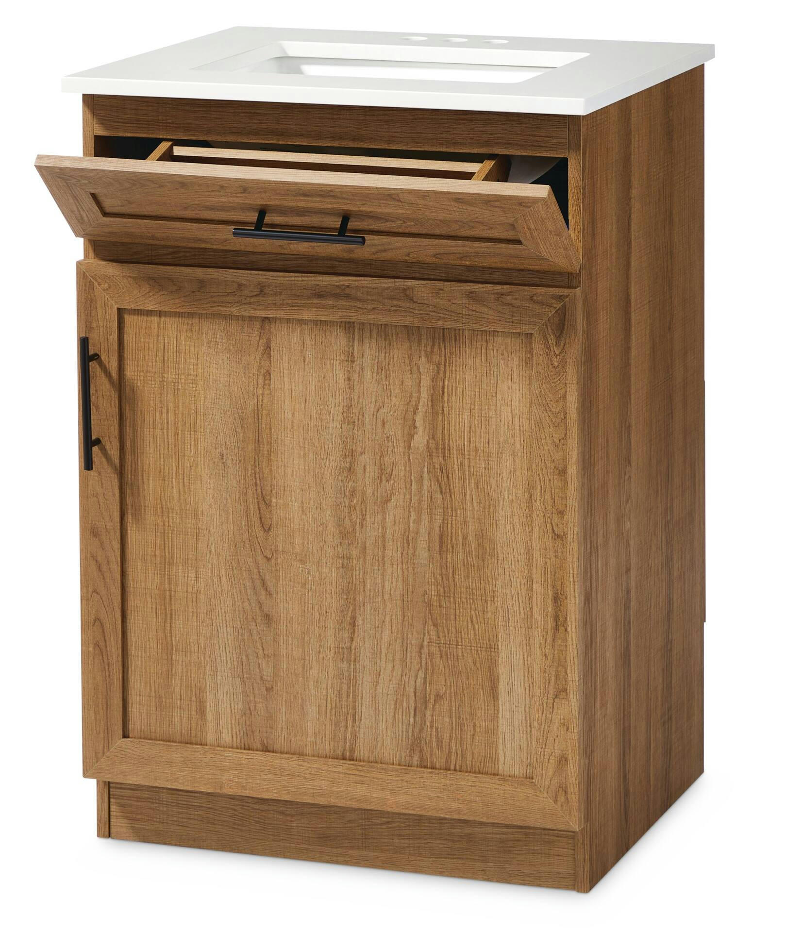 CANVAS Danville Single Door Single Sink Stone Top Bathroom Vanity, Honey Oak, 24-in