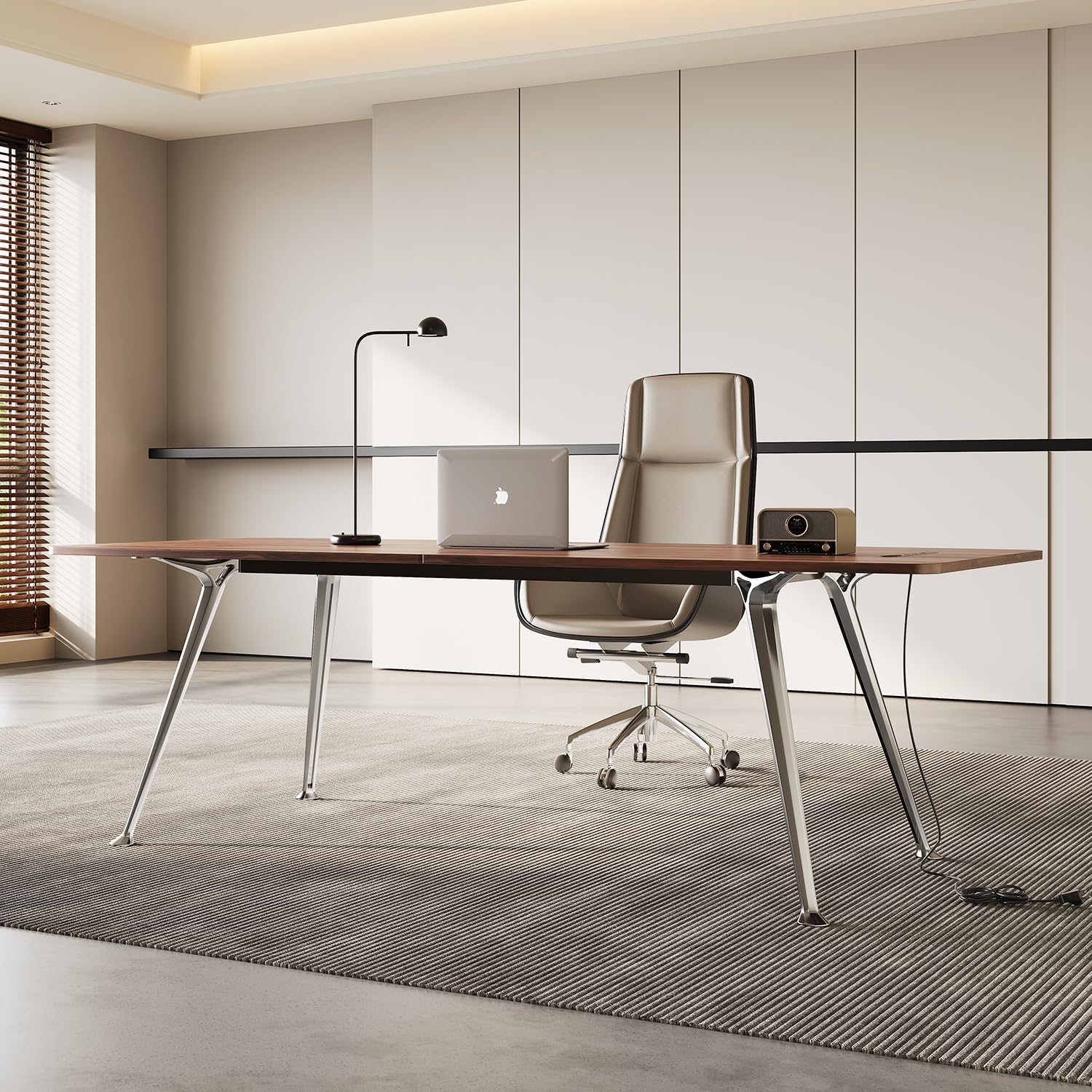 Writing Computer Desk, 60-Inch Large Executive Desk Office Workstation with Chrome-Plated Legs and Built-in Power Outlet, Writing Table Business Furniture, Modern Minimalist Style for Home Office