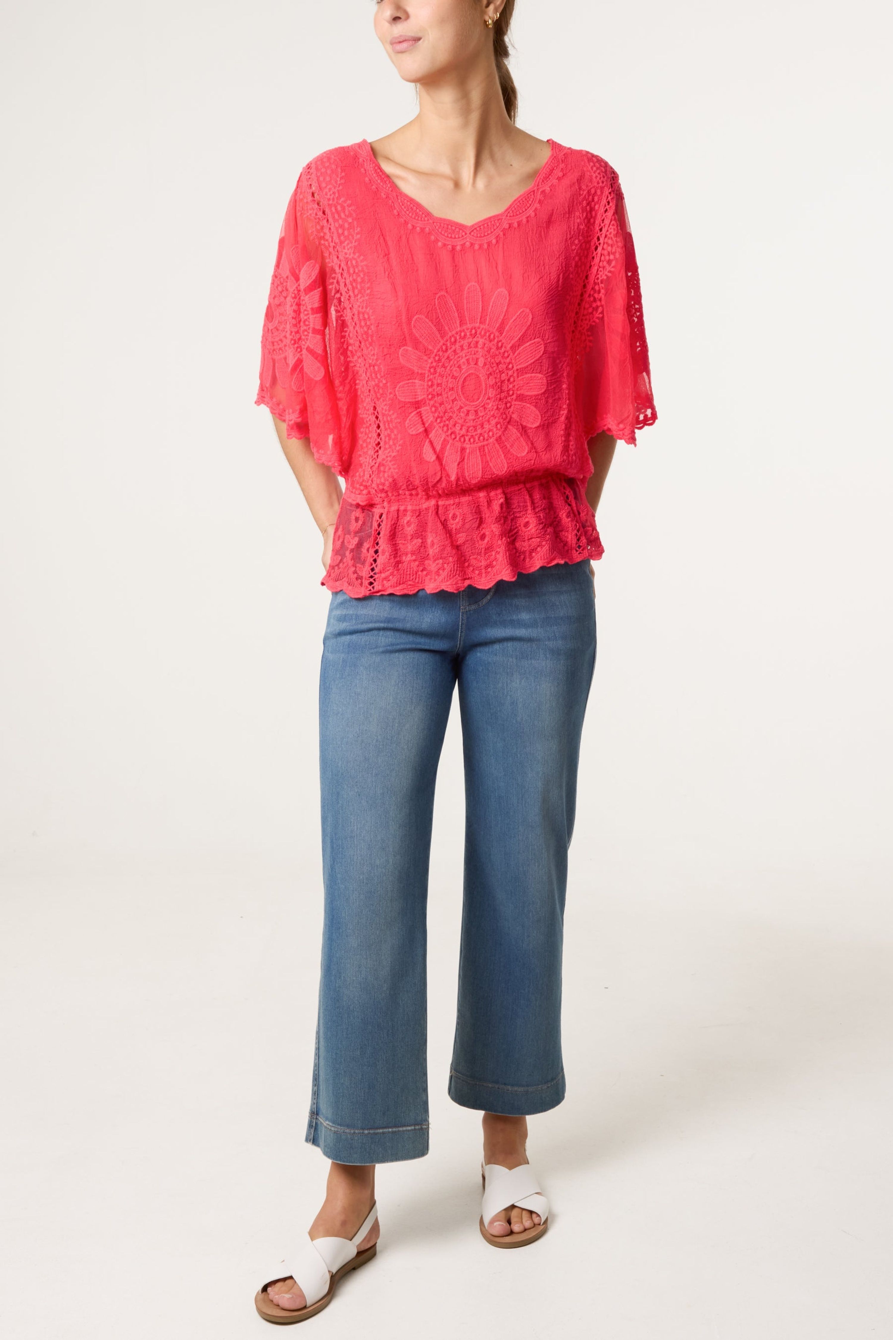 Blue Vanilla Coral Sun Flower Lace Sleeve Blouse
