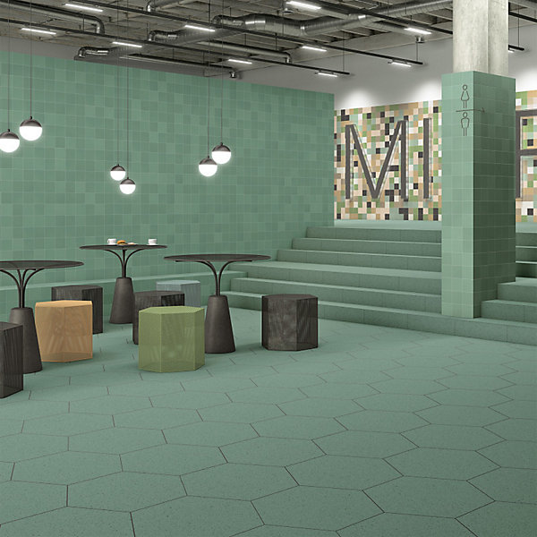 Carrelage sol / mur hexagonal effet terrazzo grand format bleu vert 51,9x59,9 cm MICRA Hexagono Indigo
