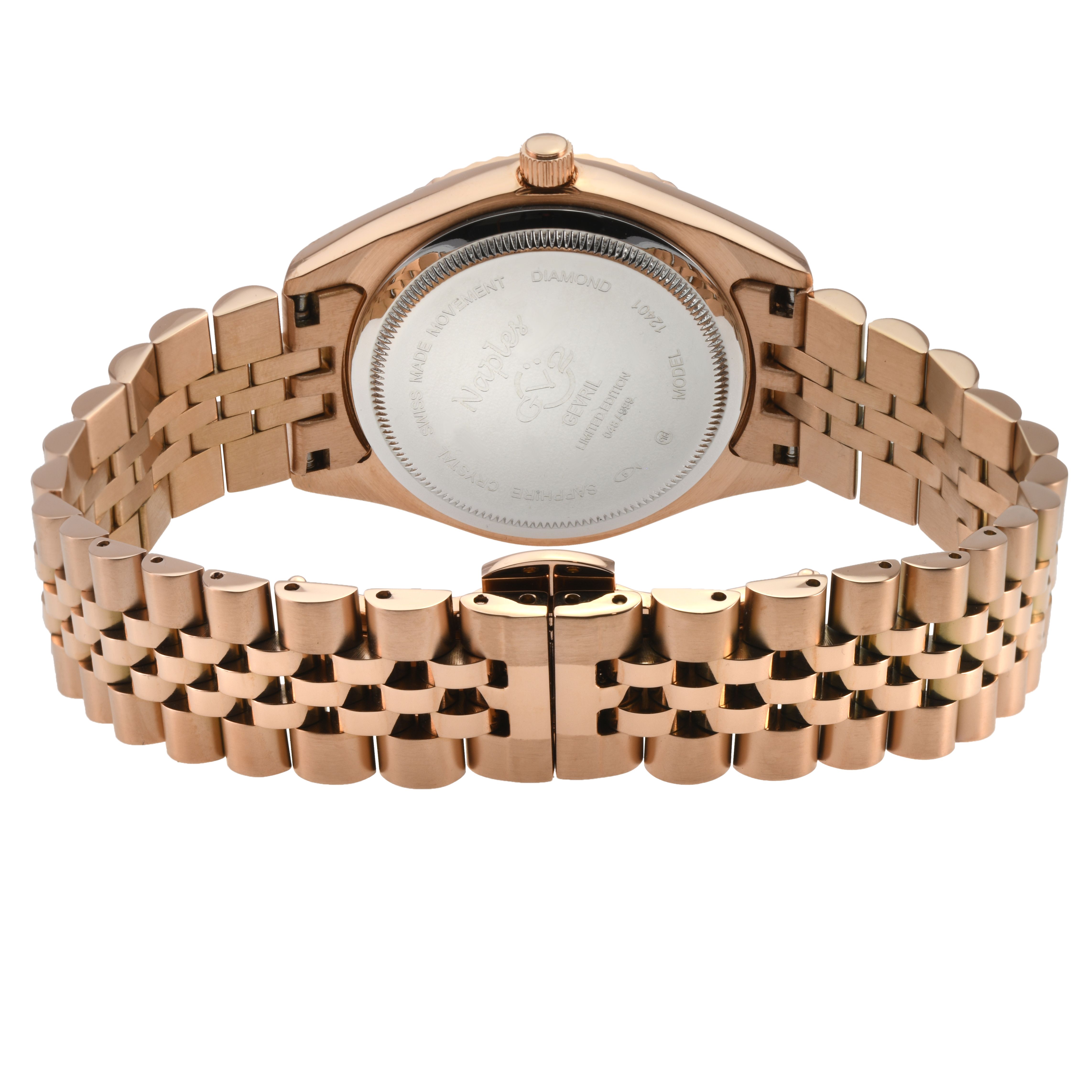 GV2 Naples 18 Diamond-Set Luxury Swiss Quartz Movement, Rose Gold Stainless Steel Bracelet, Sapphire Crystal, Fluted Bezel 34 MM Watch