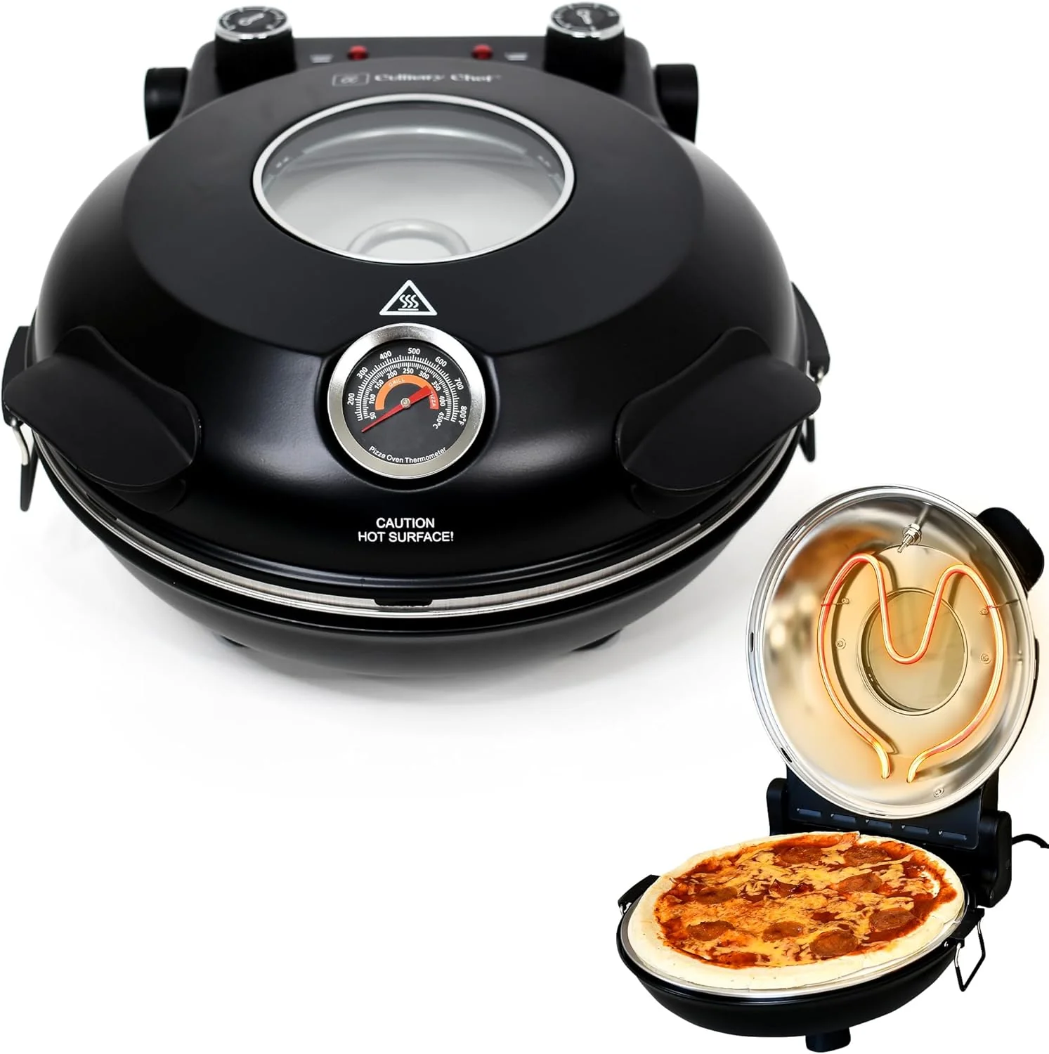 Electric Pizza Oven with Ceramic Stone, Viewing Window, Adjustable Heat Control, Timer and 1200W Baking Power, DIY Homemade Pizzeria, Large 12 Pie Capacity (Black)(Red)