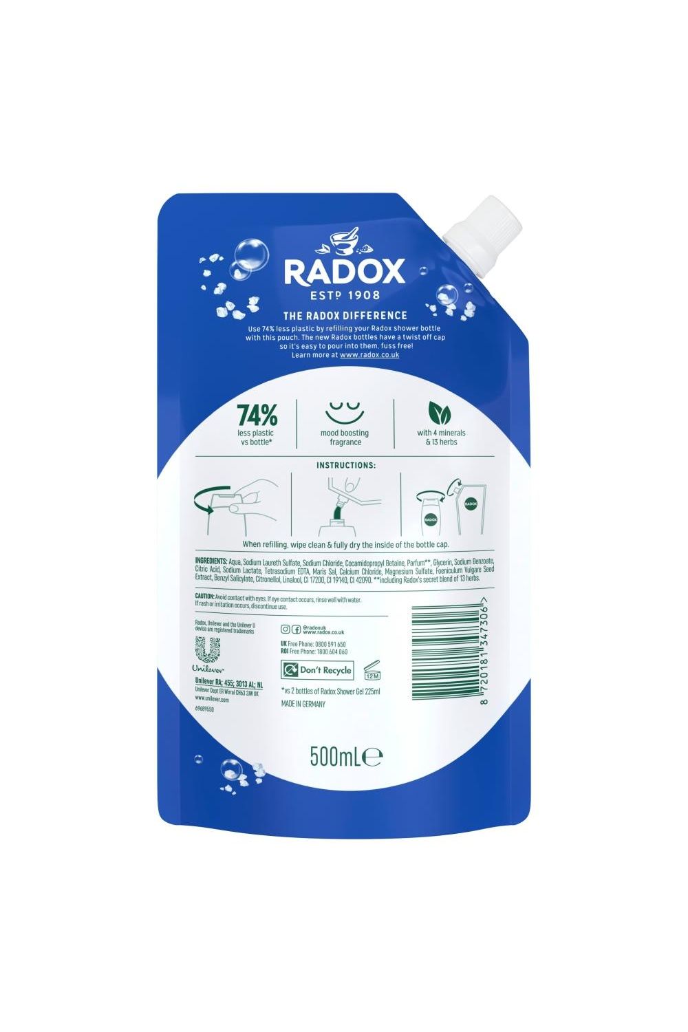 Radox Mineral Therapy 2-in-1 'Shower Gel' Refill Pouch 500ml, 6Pk