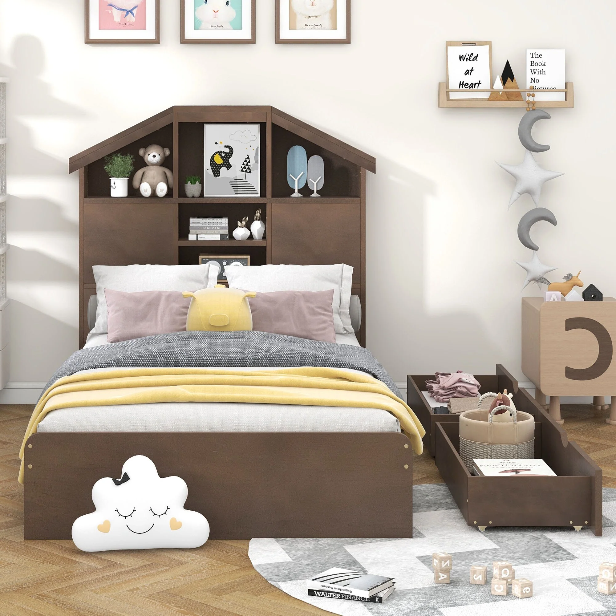 Twin Size Wood Platform Bed Featuring House-Shaped Headboard and Storage Drawers