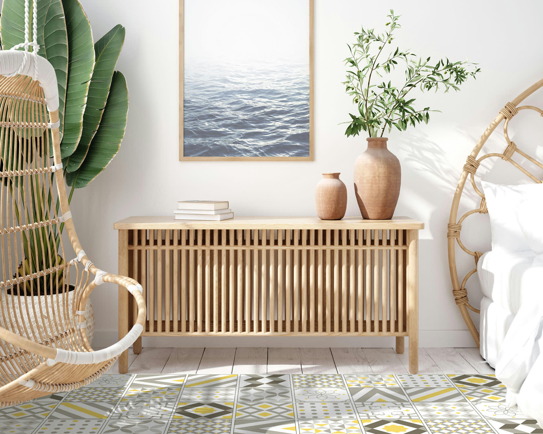 ALFOMBRAS AZULEJOS - Tapis vinyle carreaux ciments love jaune 100x140cm