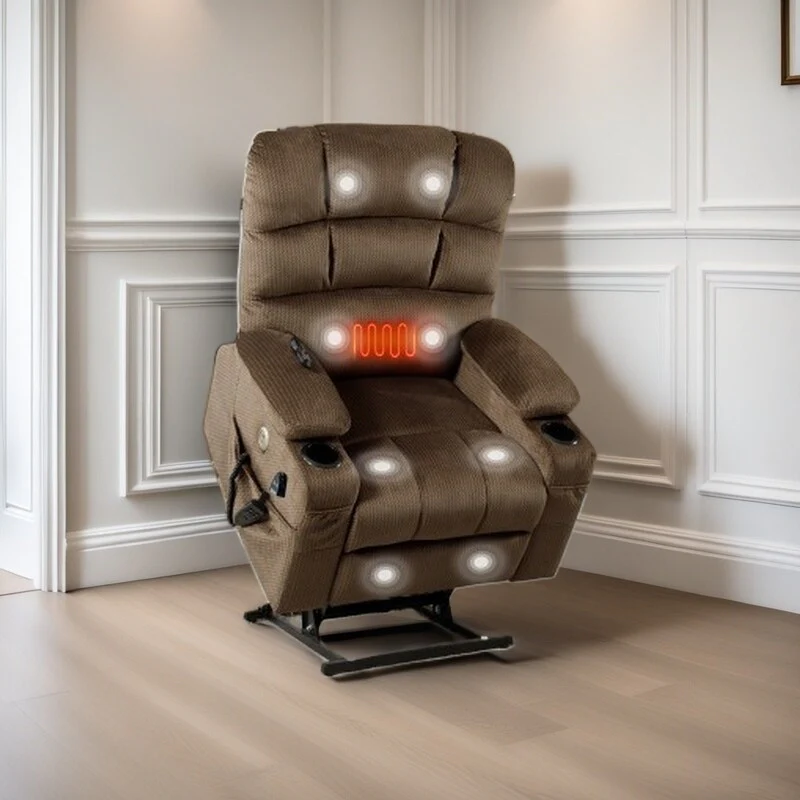 Dual Motor Power Lift Recliner Chair with Massage, Lumbar Heating, 8-Point Vibration, and Dual Cup Holders