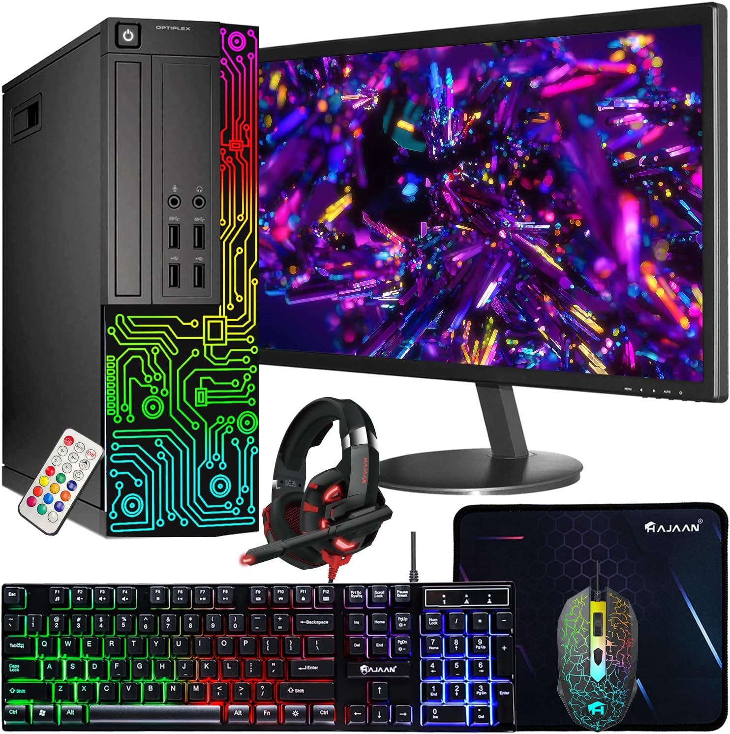 Dell OptiPlex Desktop RGB Computer PC, Intel Core i7 Processor, 16GB RAM, 512GB SSD, 24 Inch HDMI Monitor, RGB Keyboard Mouse and Headset, WiFi, Windows 11 Pro (Renewed)