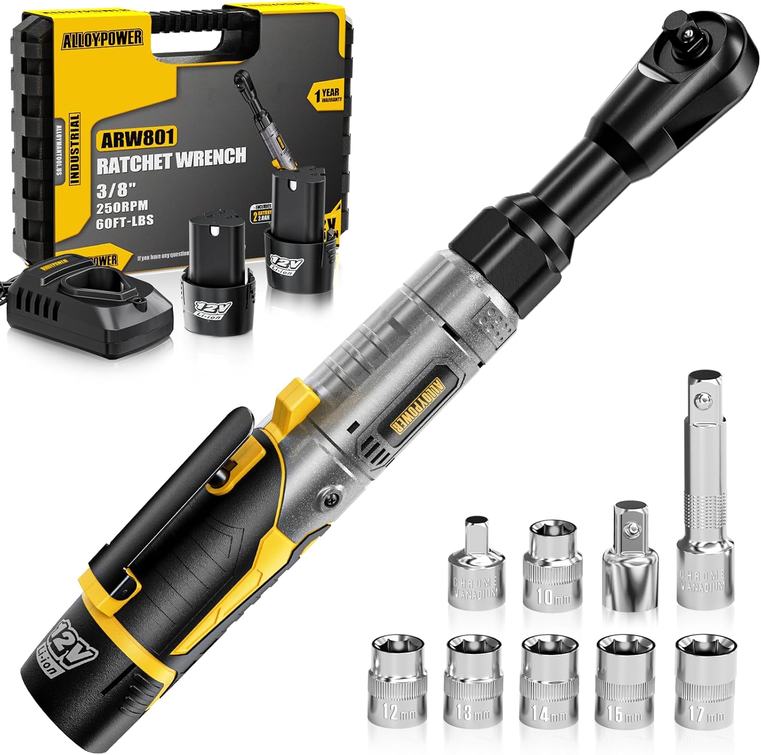 3/8 Cordless Ratchet Wrench Set, 60FT-LBS(80N.m) Electric Ratchet, 12V Extended Power Ratchet Wrench Set with Variable Speed, 6 Sockets, LED Light, 1/4 Adapter,1/2 Adapter,2 Batteries