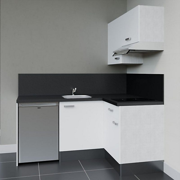 Kitchenette KA02 façades Blanc - Plan de travail Noir texturé - Crédences : Oui - Evier inox - Electroménager Inox inclus