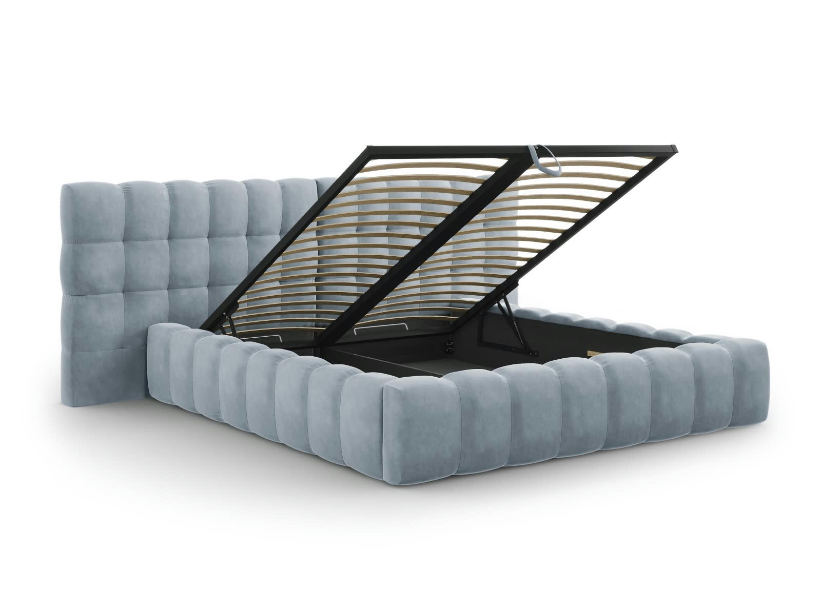 MAMAIA - Lit coffre en avec tête de lit double 180x200cm velours bleu clair