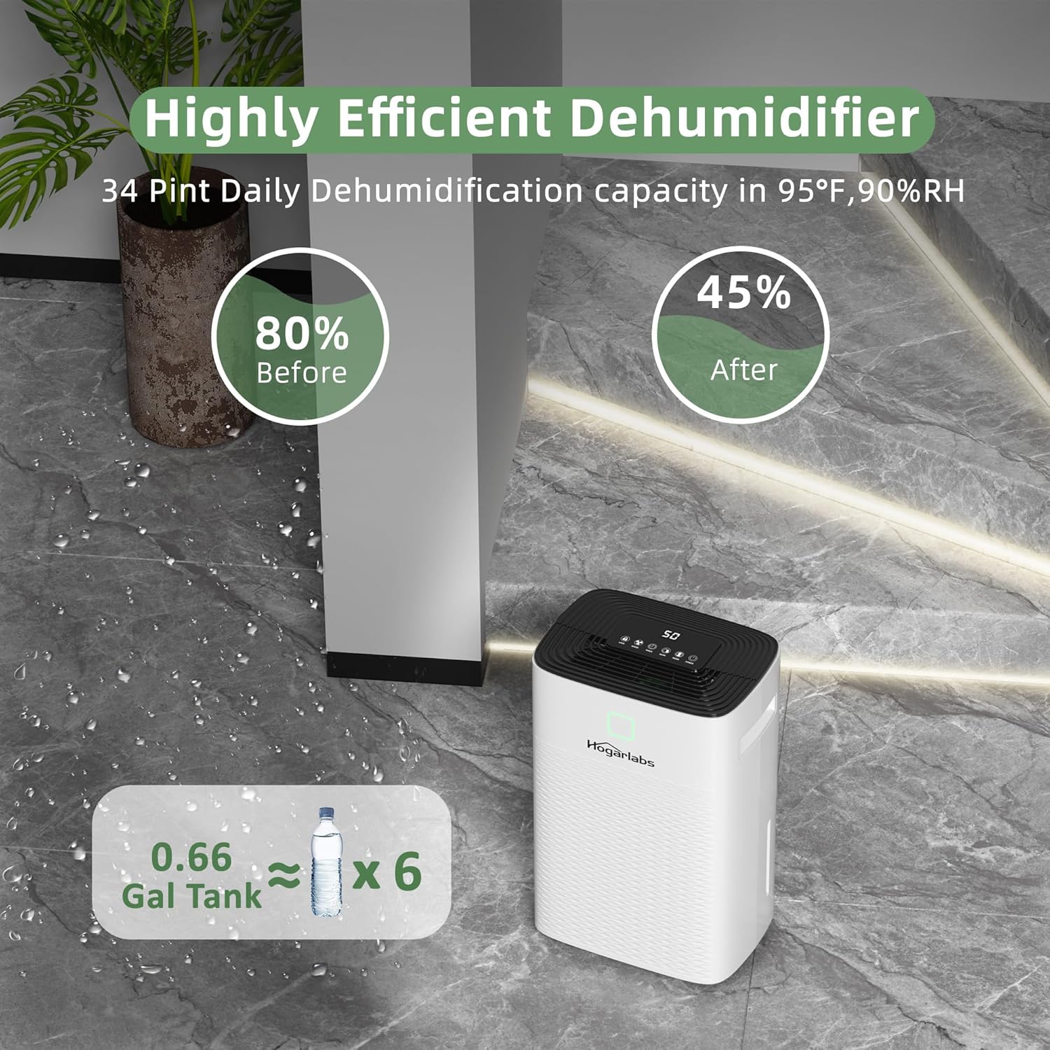 HOGARLABS 30 Pint Dehumidifiers for Home and Basements, with 3 Working Modes, Overflow Protection, and Auto Shut off Restart. Ultra Silent Dehumidifier with Drain Hose and Digital Control Panel.