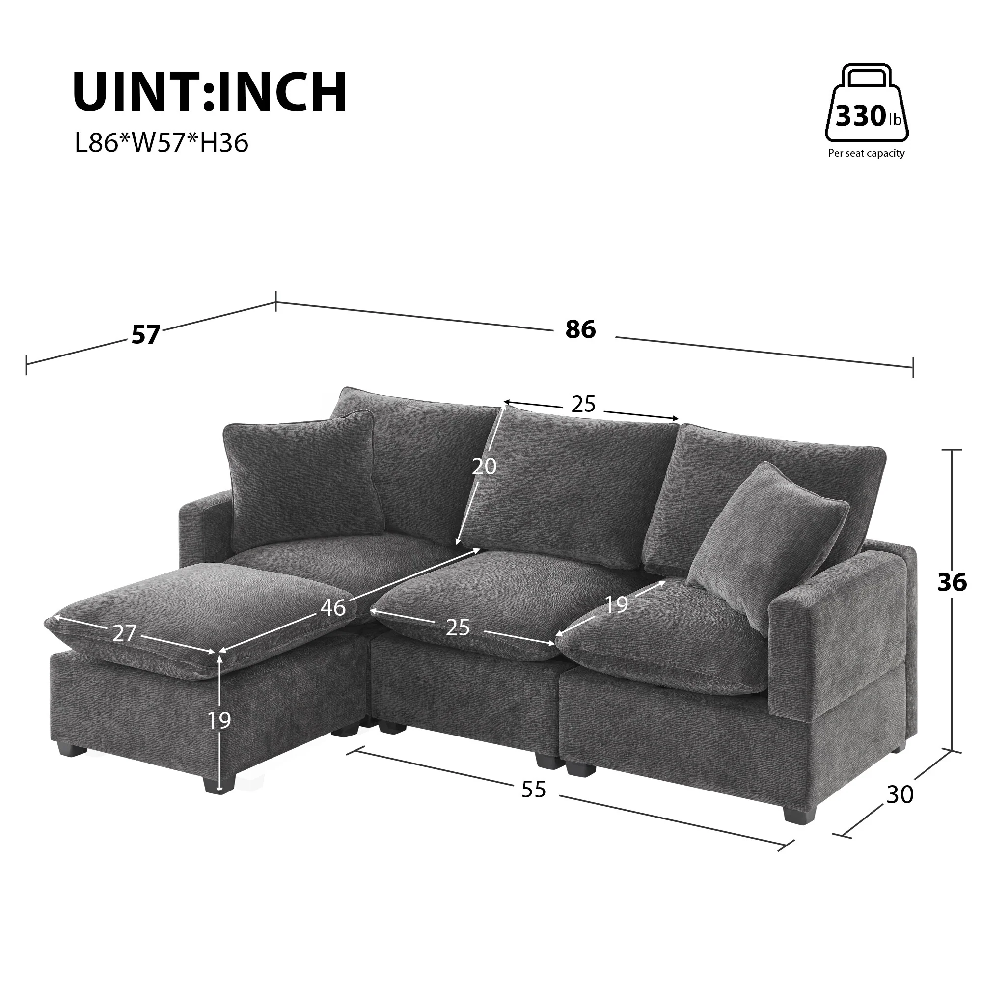 Black 84 Modular Chenille 4-Seat Sectional Sofa Set with 2 Pillows and Ottoman, Great for Living Room or Office Spaces
