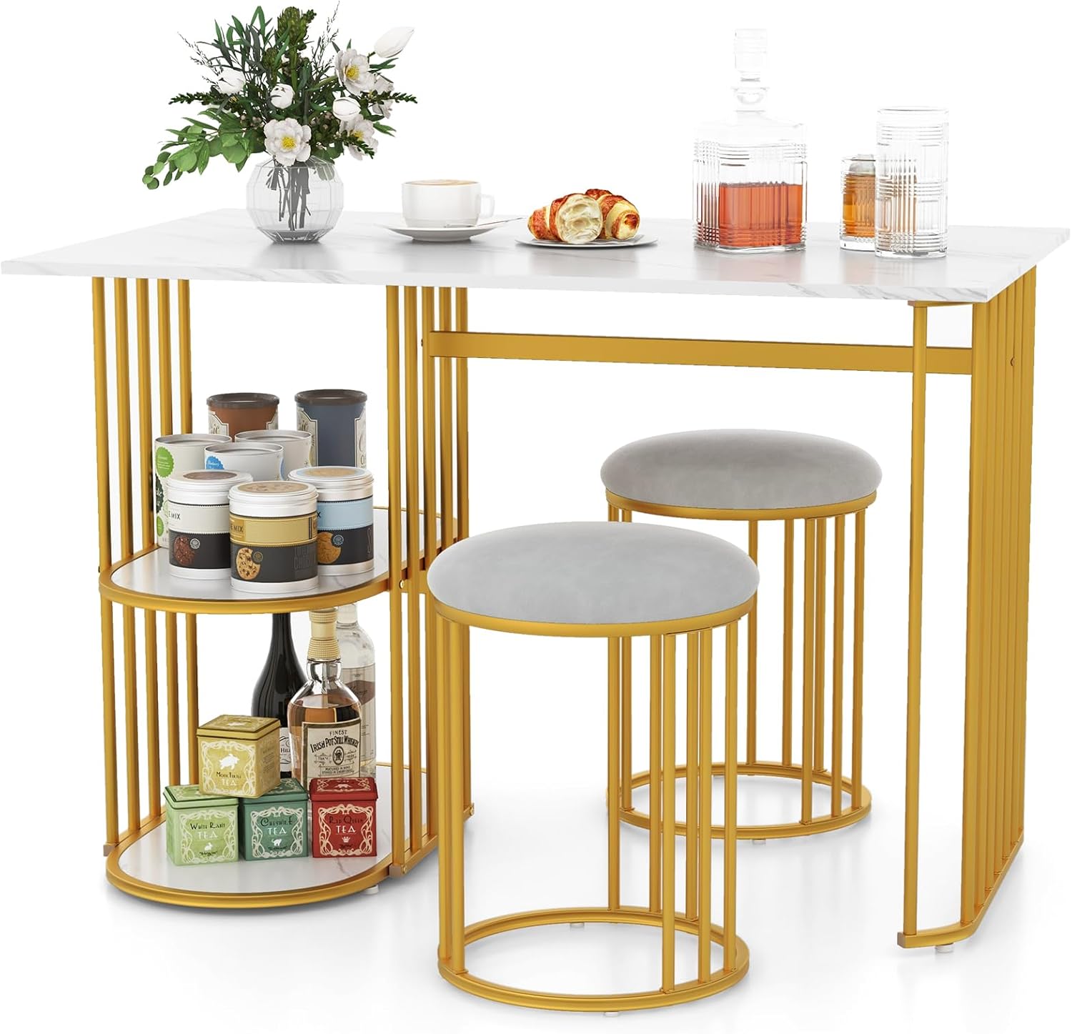 Giantex 3-Piece Dining Table Set for 2, Rectangular Kitchen Table with 2 Stools, 2-Tier Storage Shelf, Upholstered Seat, Faux Marble Top, Metal Frame, Dinette Desk, Breakfast Desk for Small Space