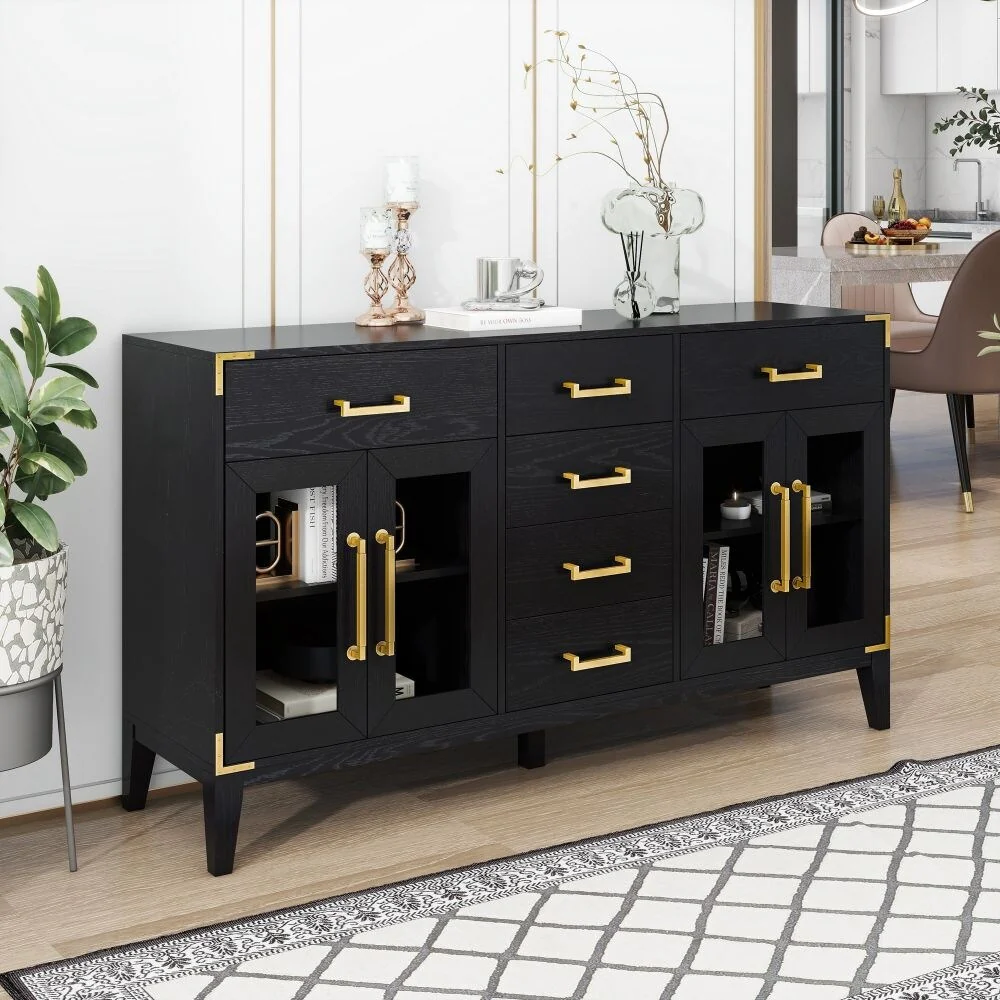 6-Drawer and 2-Cabinet Retro Sideboard with Extra Large Storage Space, with Gold Handles and Solid Wood Legs