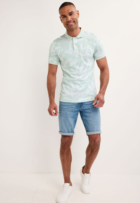 Mens Mint Botanical Print Cotton Polo Shirt
