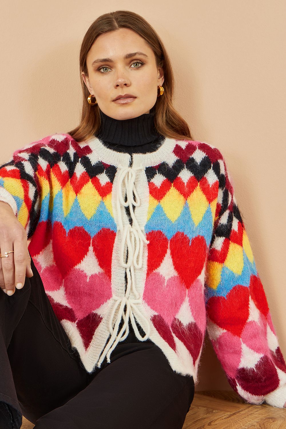 Yumi Multi-colour Tie Front Heart Intarsia Cardigan