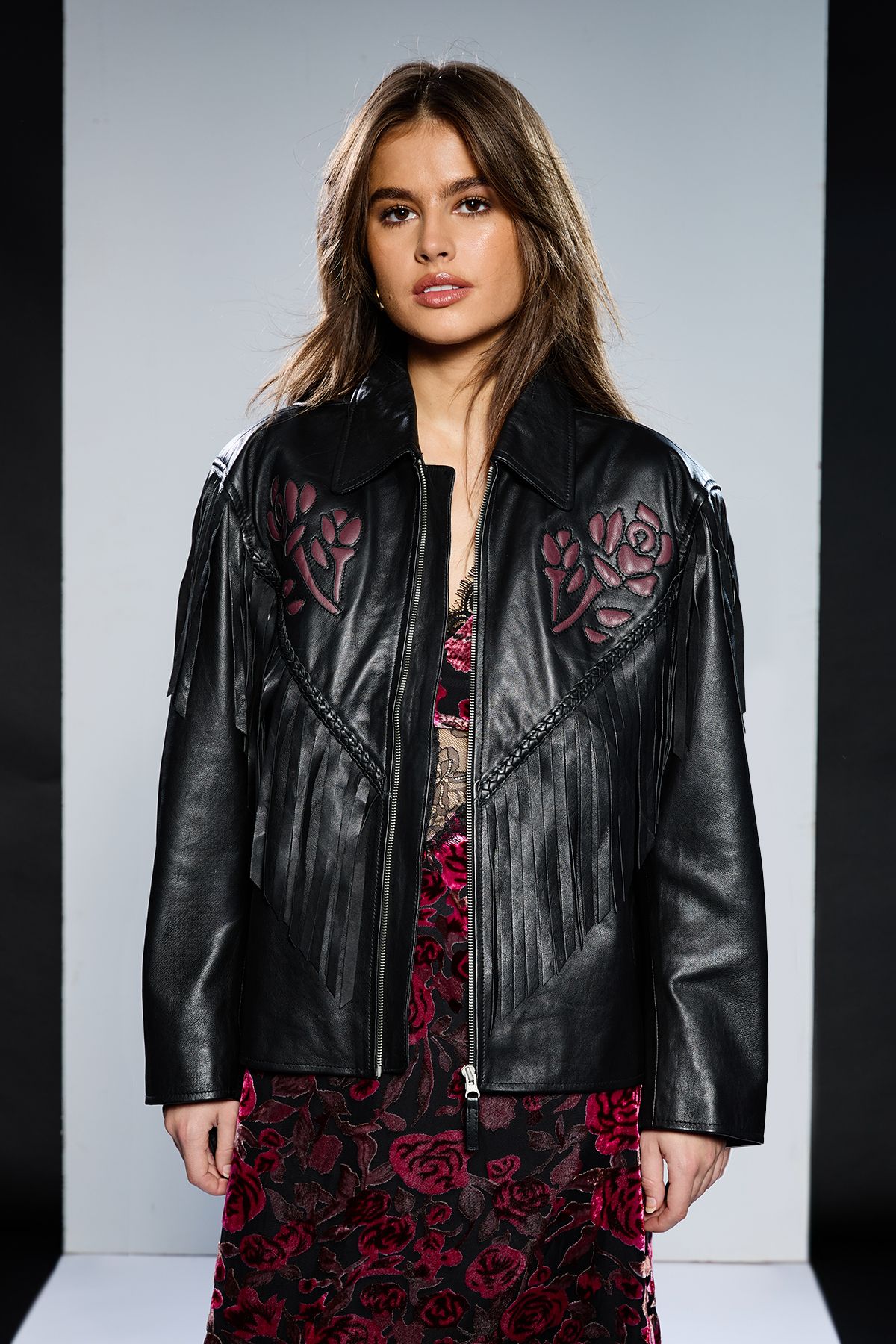 RUNWAY 1.8.1.8 Runway 1.8.1.8 Leather Rose Detail Fringed Jacket