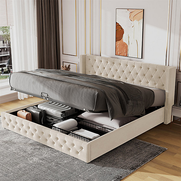 Lit adulte lit coffre lit rembourré hydraulique lit de rangement lit 140x190 cm lit en métal lit double velours beige