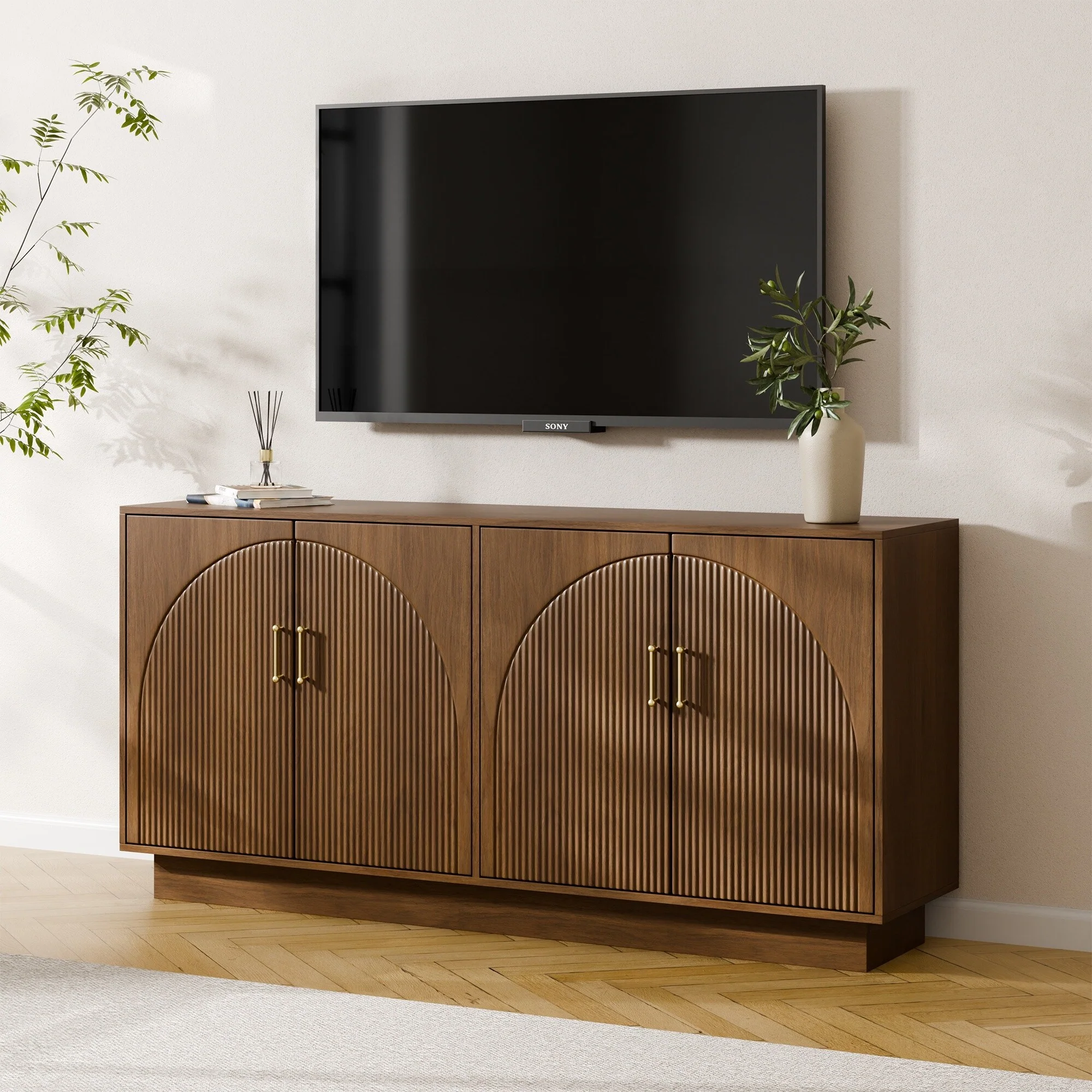 Mid-Century Fluted TV Stand with Storage Fits TVs up to 75, Entryway Console, Sideboard - 15.7D x 65W x 31.5H