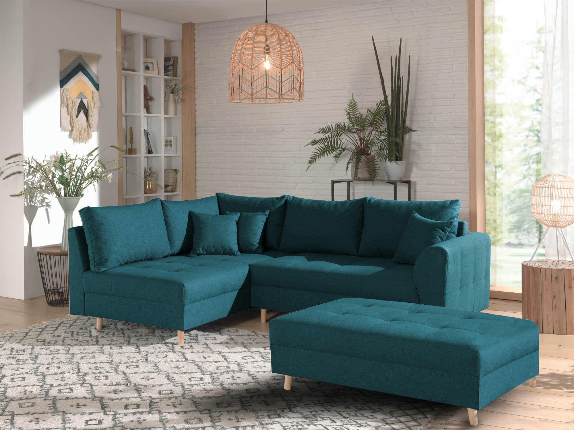 RUNE - Canapé d'angle gauche convertible 4 places en tissu bleu canard