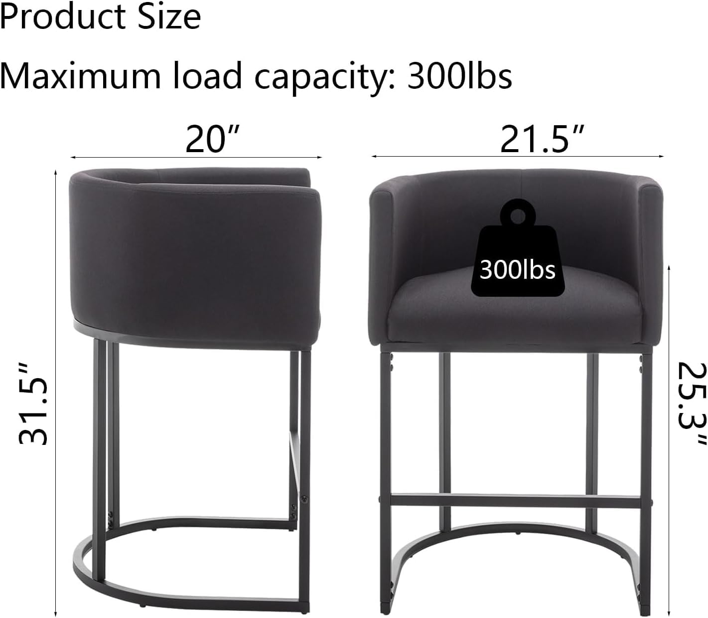 Counter Height Bar Stools Set of 3, Modern Bar Stool with Back, Barrel Bar Chairs with Metal Frames, Upholstered Barstools for Kitchen Island, Pub, Club (Black)