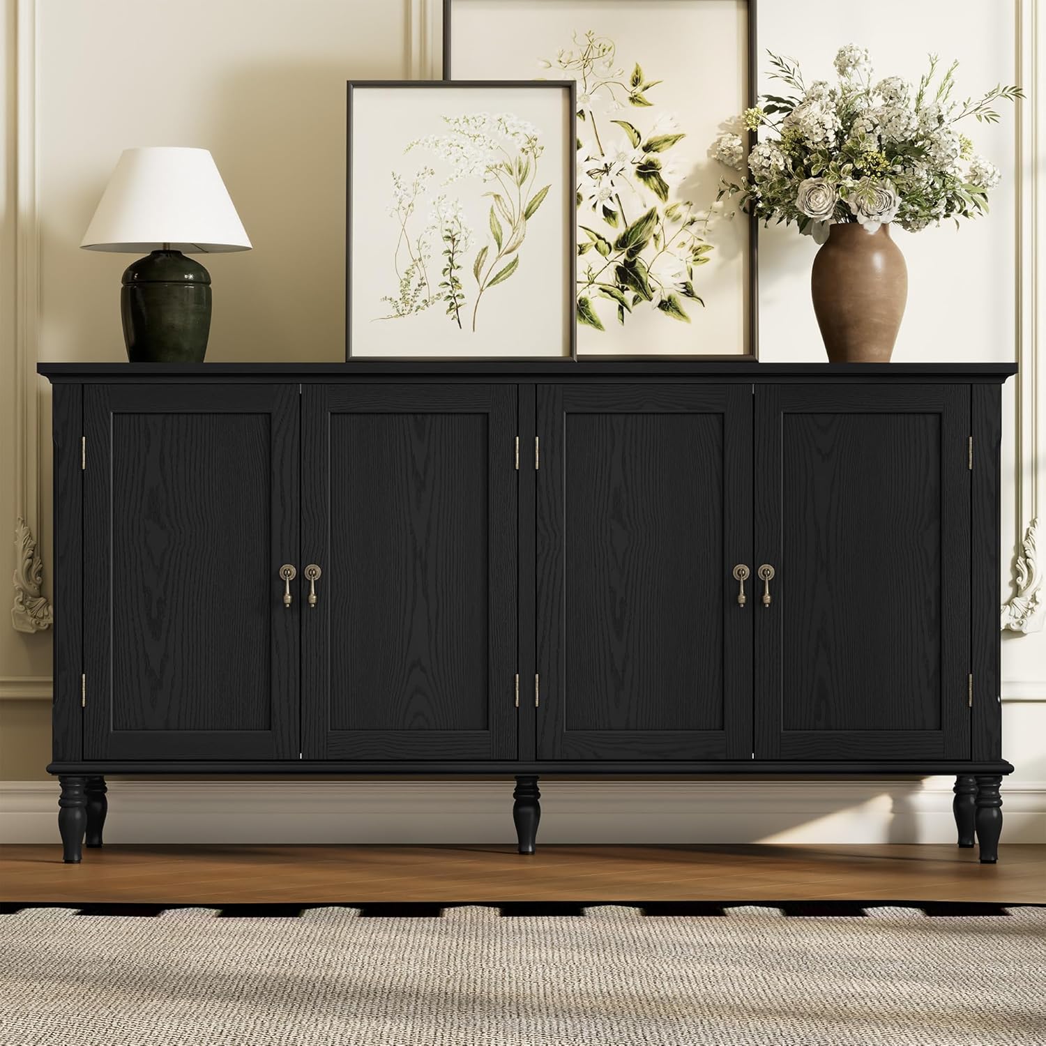 ARTPOWER 58 Sideboard Buffet Cabinet with Storage, Retro Wood Accent Cabinet with 4 Doors, Credenza with Adjustable Shelves for Living Room, Dining Room, Entryway, Black