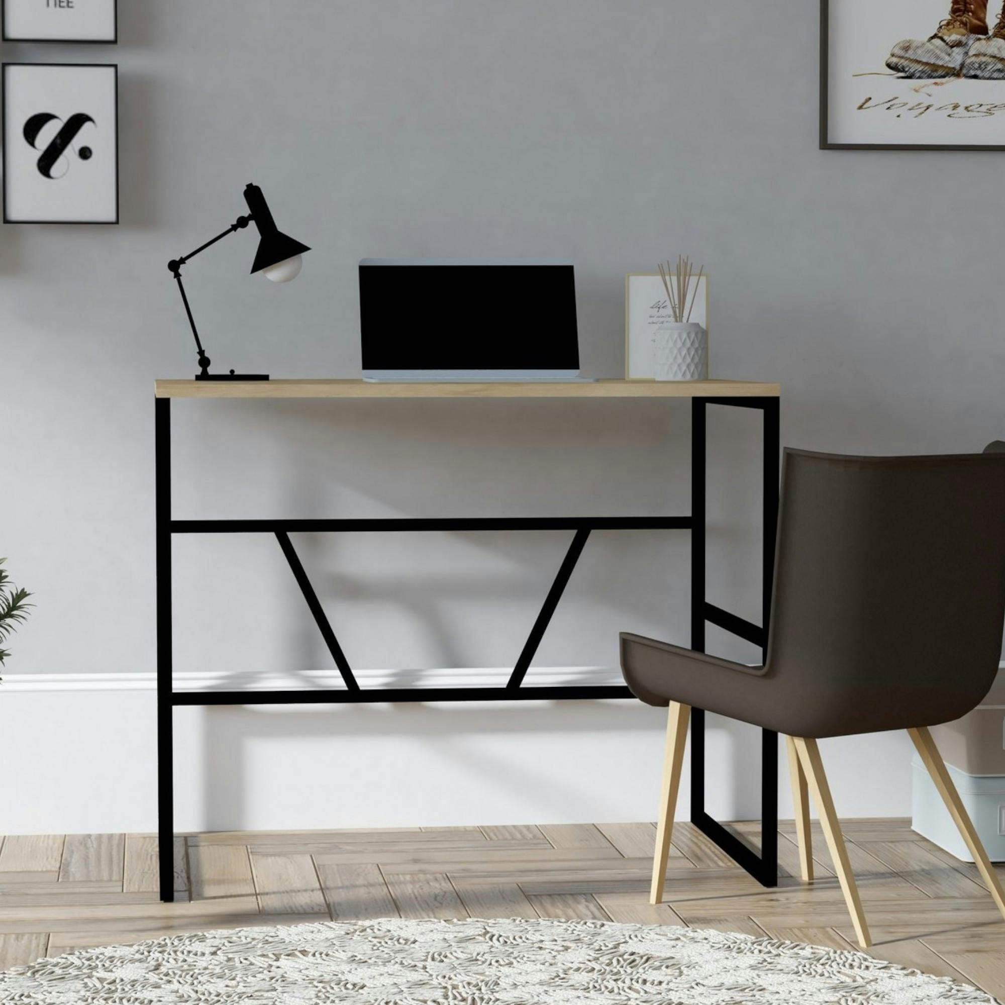 Petit bureau moderne noir avec plateau effet chêne clair JENA